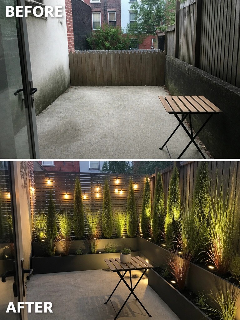 Before and after of concrete patio transformed into lit garden with plants