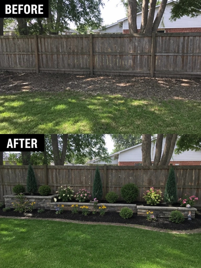 Before-and-after image of a bare fence line changed into a landscaped border with raised stone beds, shrubs, and flowers.
