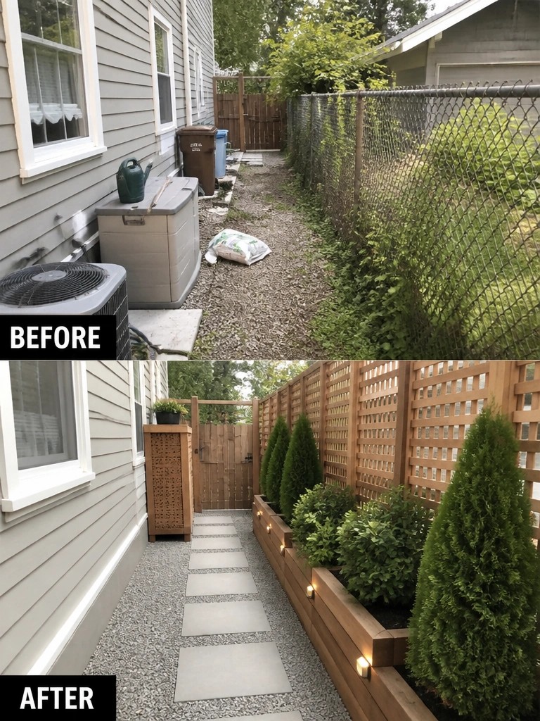 Before and after of renovated yard with wooden planters, lights, and stone path.