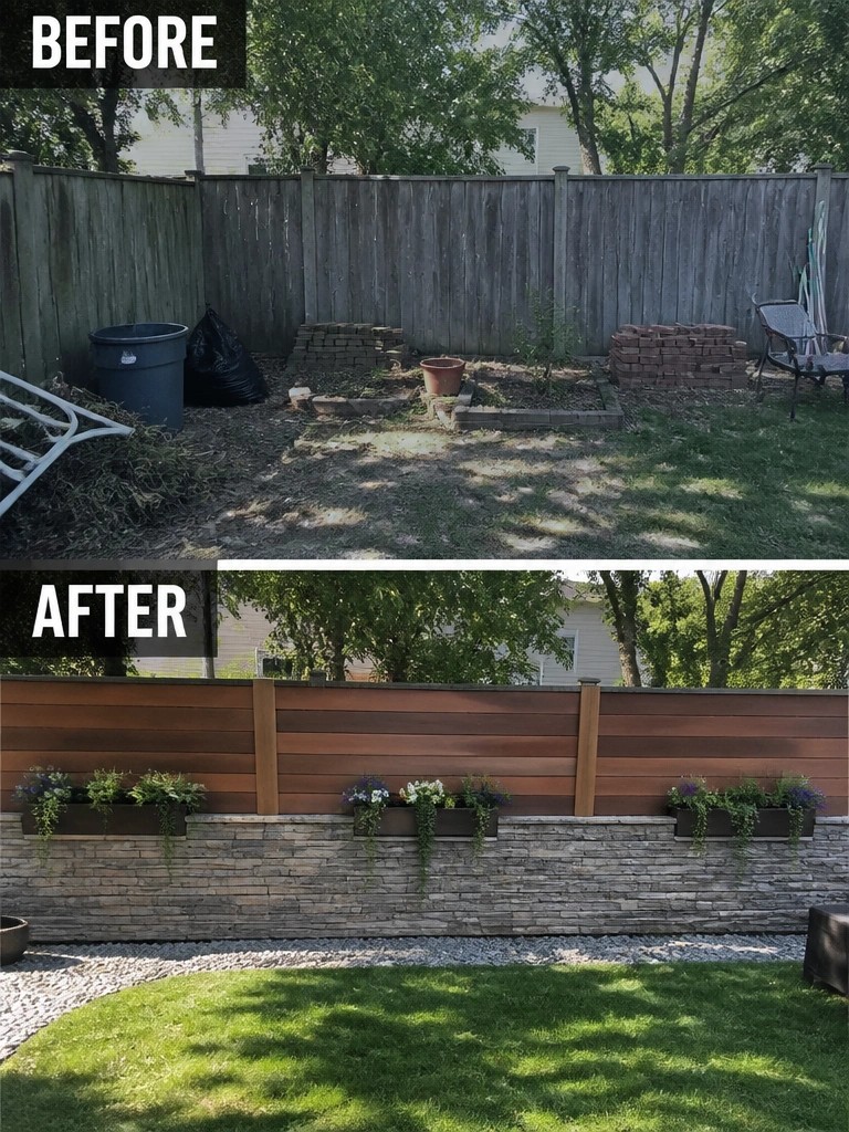 Before-and-after image of a backyard fence line changed from cluttered and bare to a clean horizontal fence with a stone base and hanging flower planters.