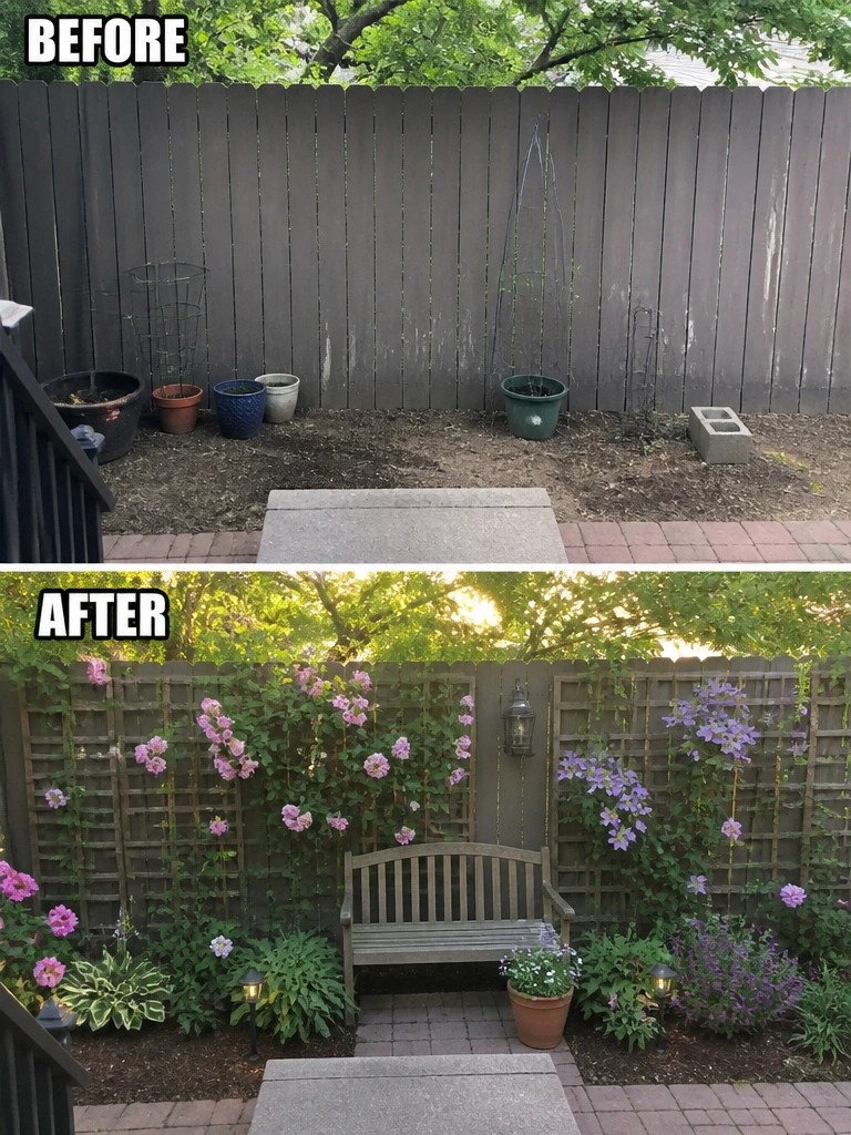 Before and after garden makeover with bare fence transformed into floral trellises and bench
