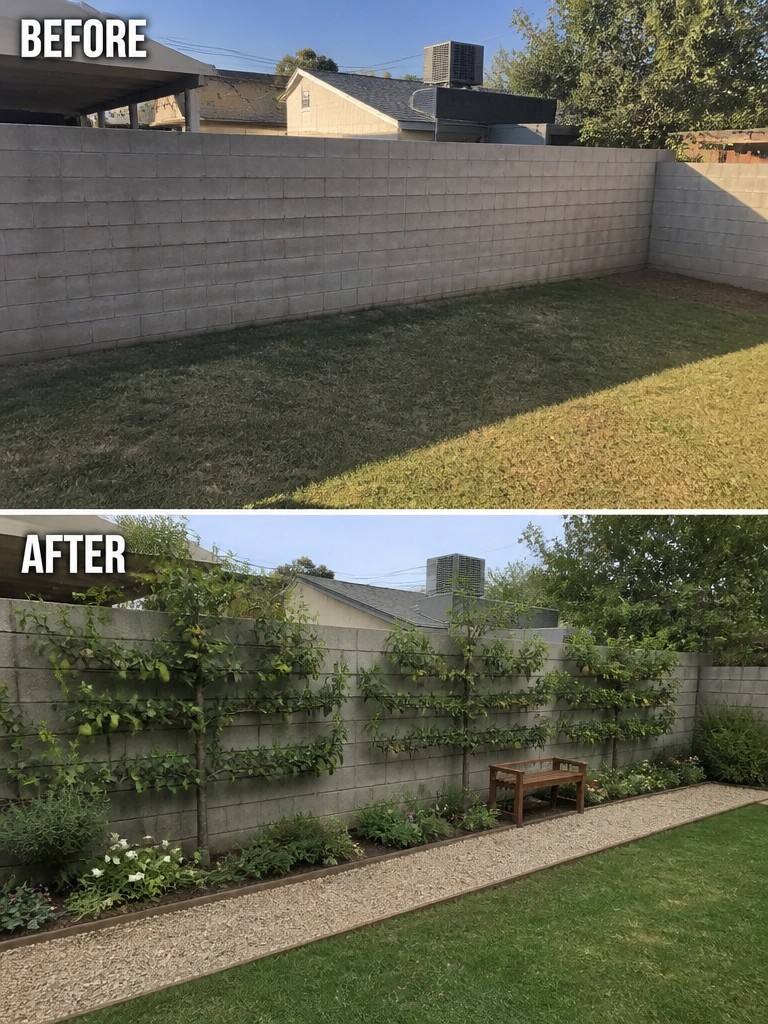 Before and after backyard with vine-covered wall, garden bed, and bench.