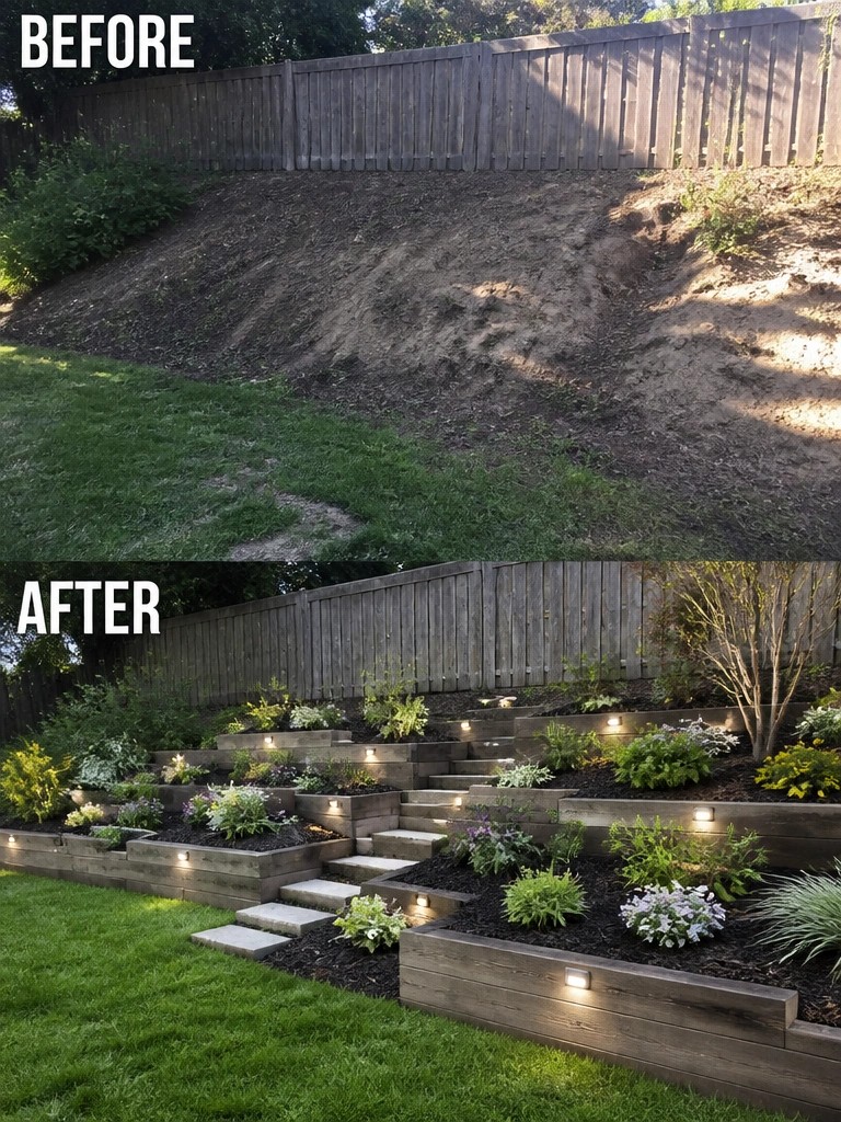 Before-and-after hillside transformed into lit tiered garden beds with plants