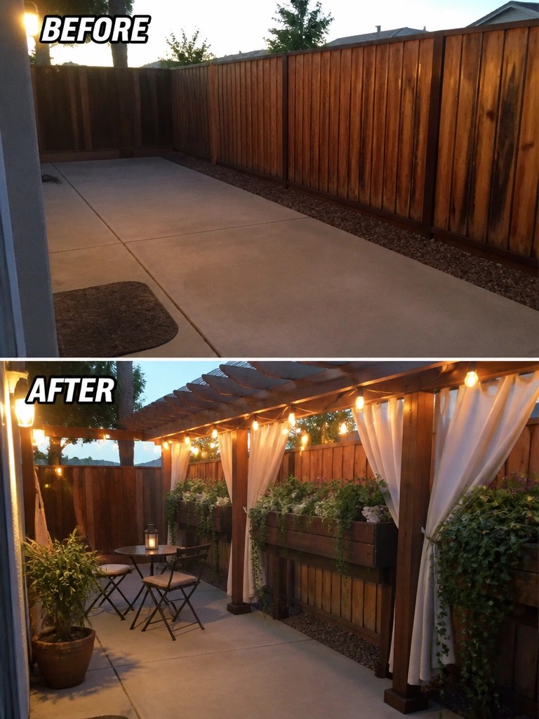 Before-and-after backyard patio with pergola, string lights, curtains, and planters.