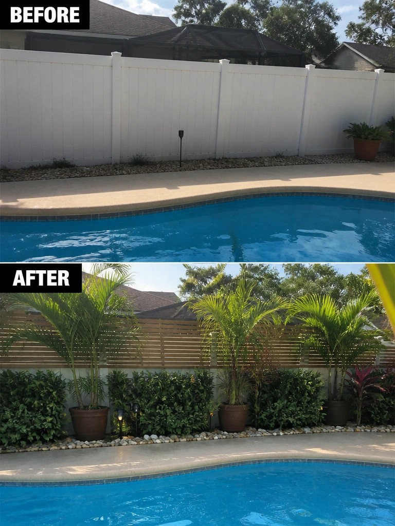 Before-after pool view: plain white fence replaced by wooden slats with lush plants