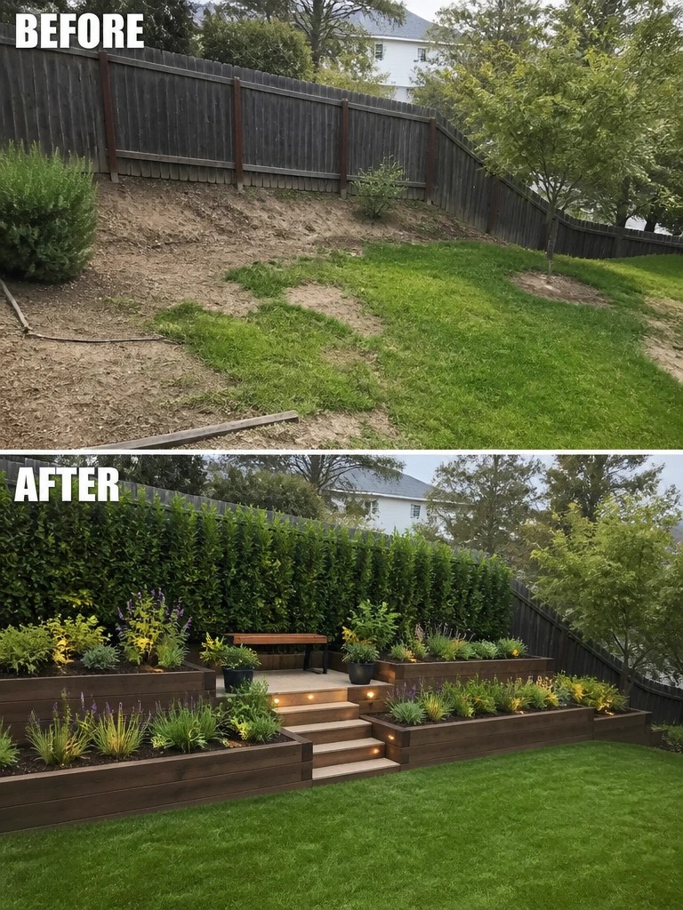 Before unkempt slope and after tiered gardens with wooden planters and lit steps