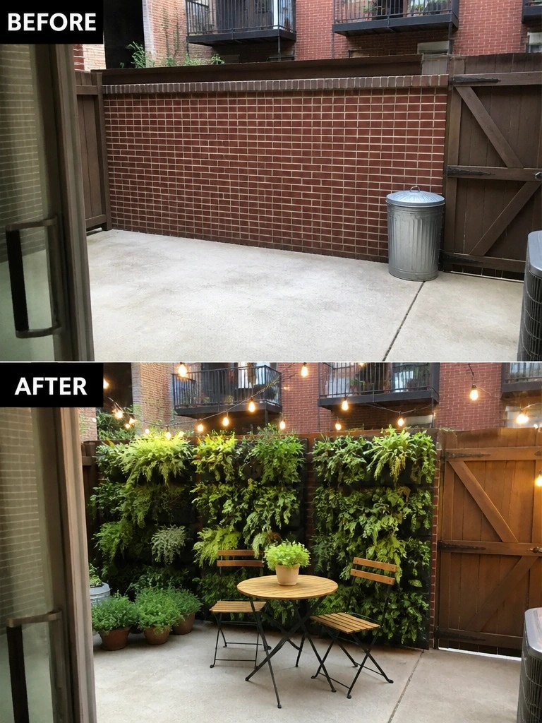 Before and after brick courtyard with vertical gardens, lights, and seating