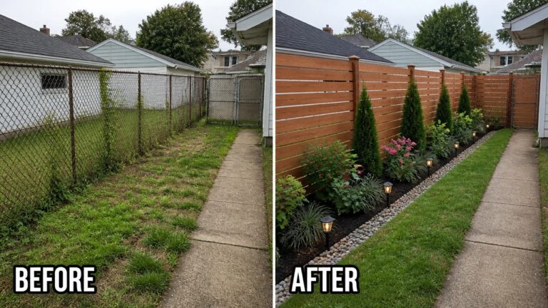 Before-and-after image of a chain-link fence line changed into a wooden privacy fence with a layered garden bed of evergreens and shrubs.