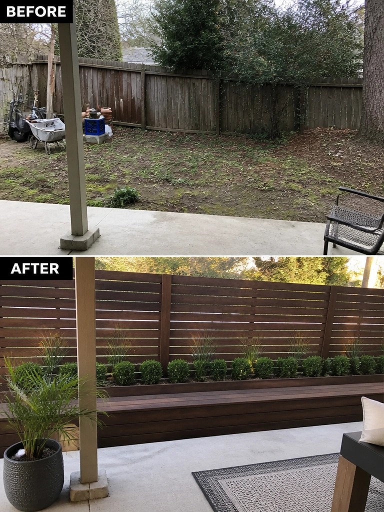 Before cluttered yard and after modern fence with built-in planter bench and plants
