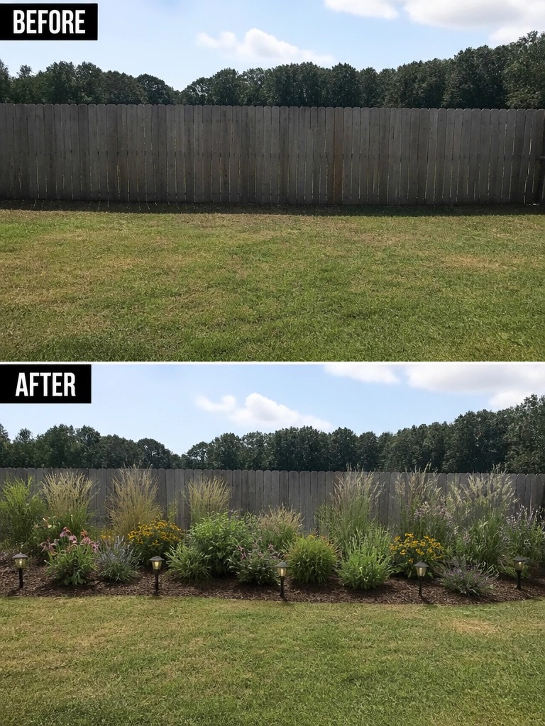 Before-and-after image of a plain wooden fence with grass changed into a landscaped border with mulched beds, ornamental grasses, flowers, and solar lights.