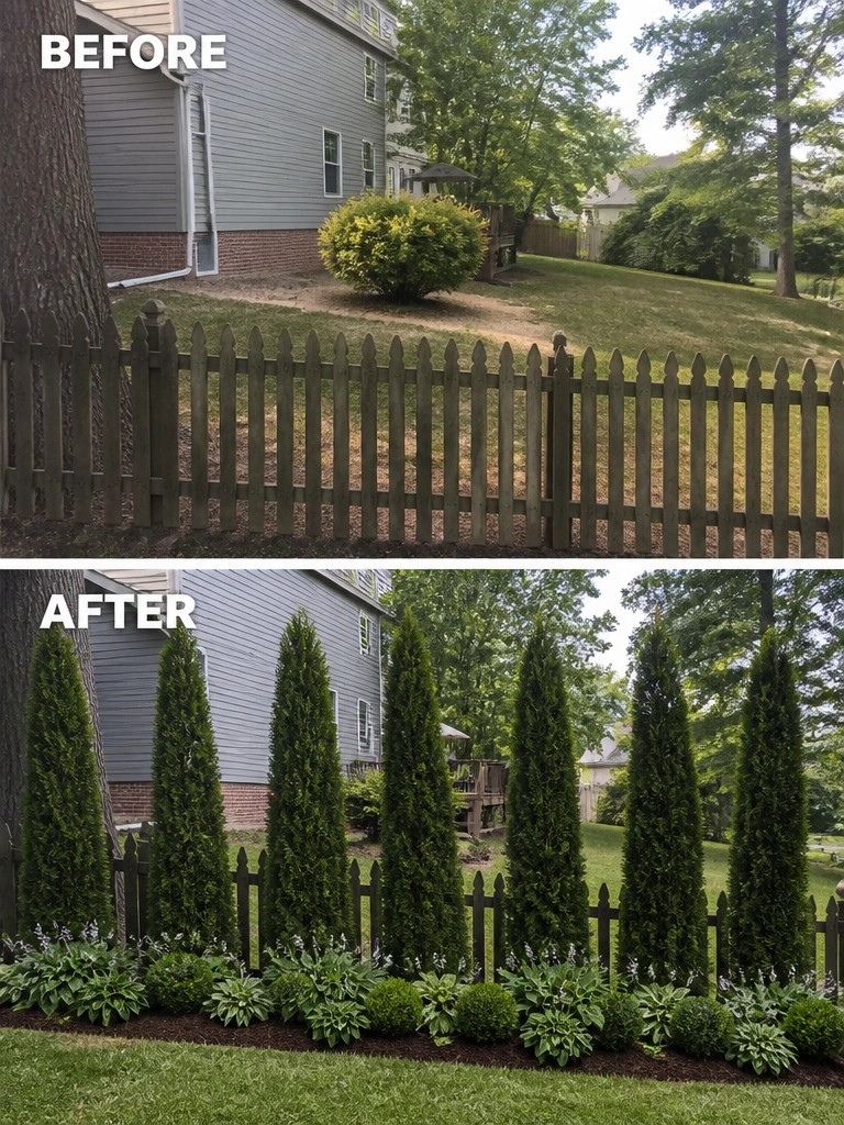 Before-and-after backyard fence with added tall evergreens and hosta plants.