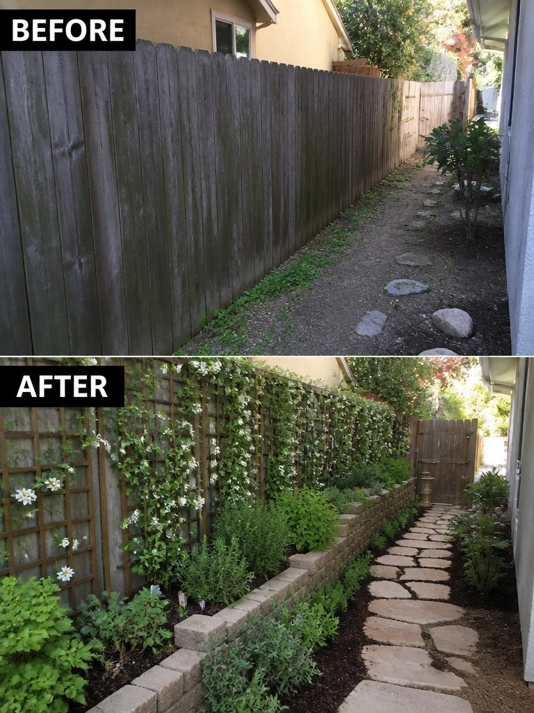 Before plain fence and dirt path, after with trellised vines, garden beds and stone walkway.