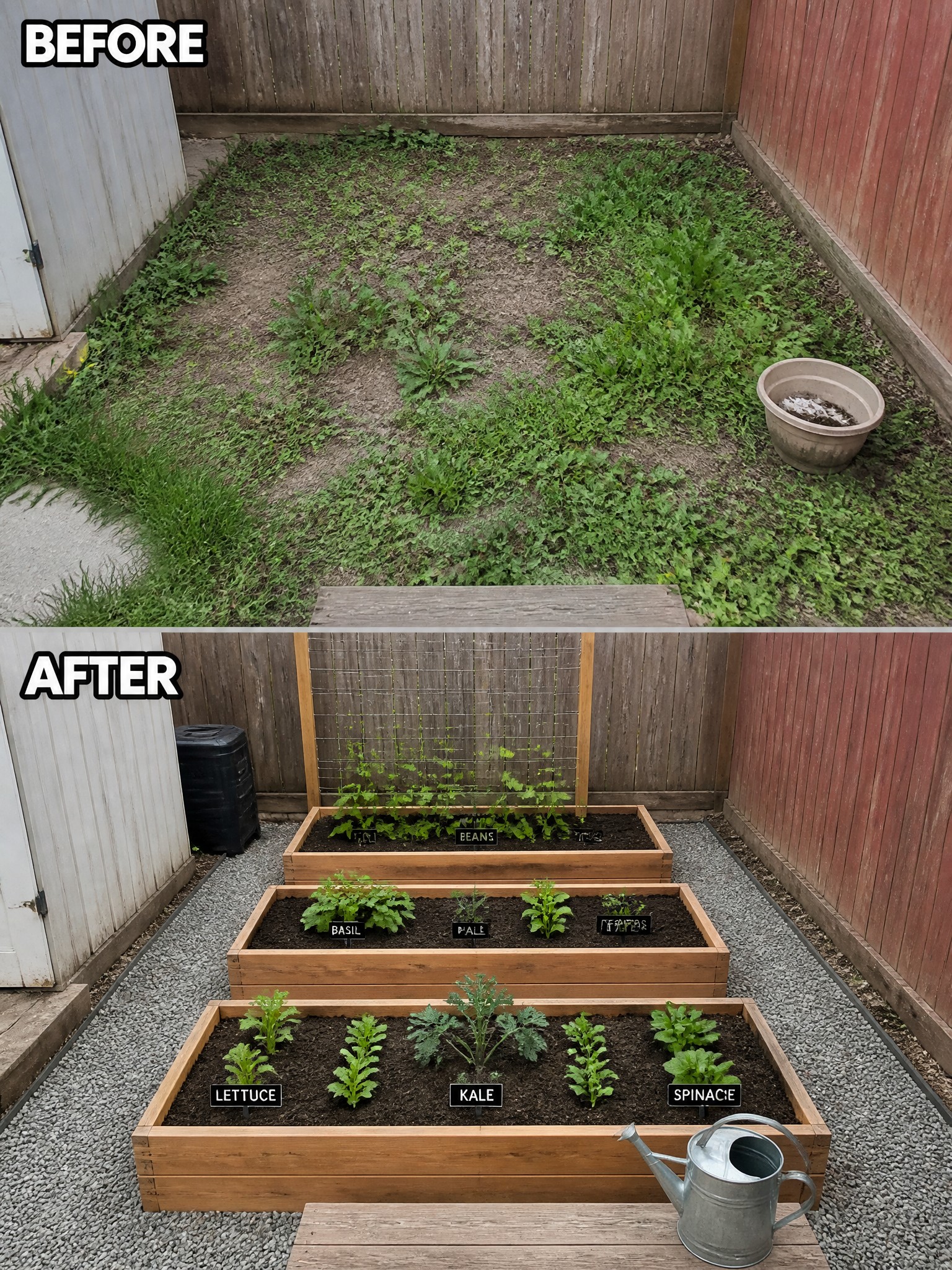 Before and after garden transformation with raised beds and various vegetables growing.
