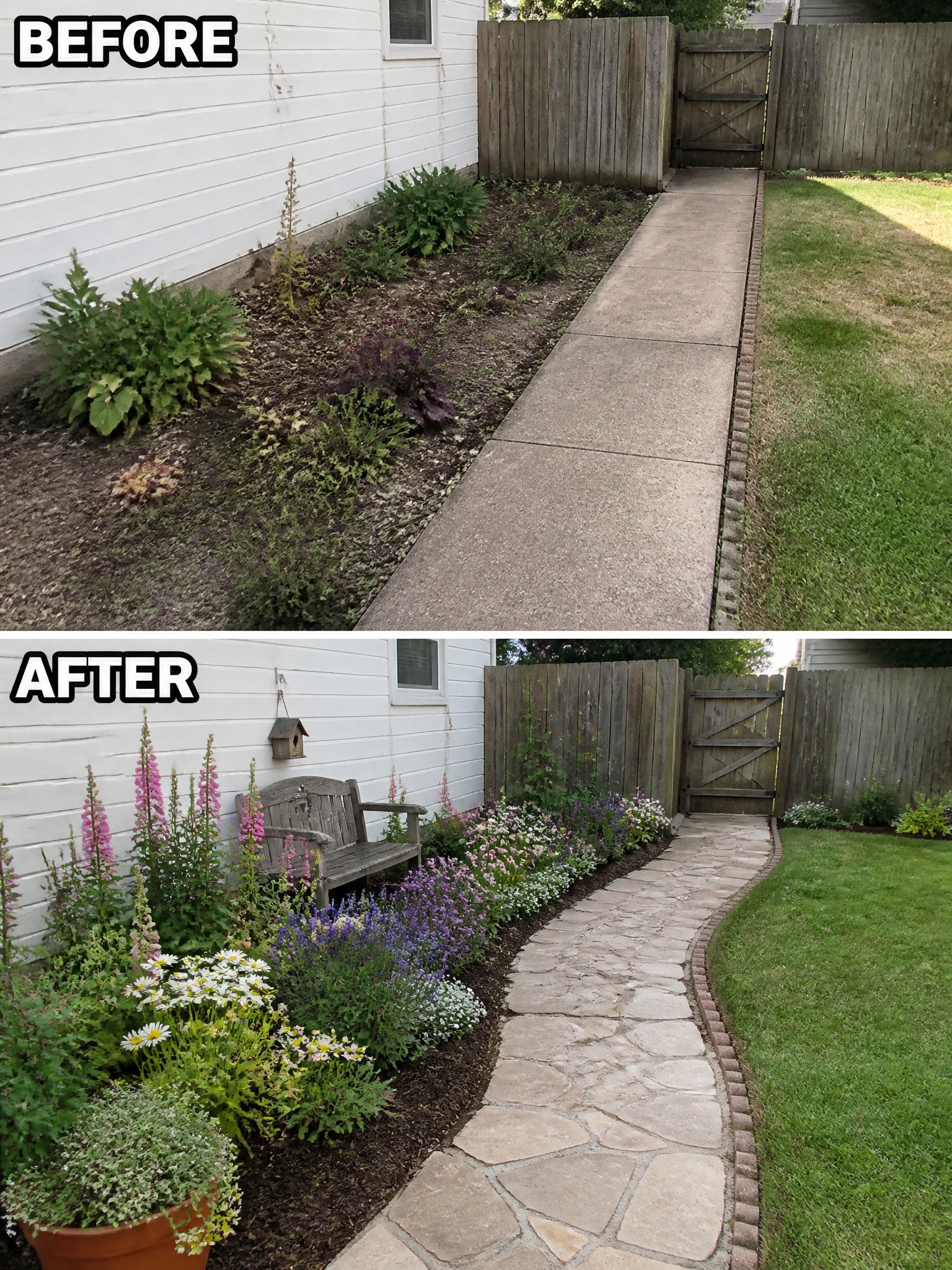 Before-and-after image of an overgrown garden bed and straight concrete path changed into structured flower beds with a curved stone walkway and added bench.