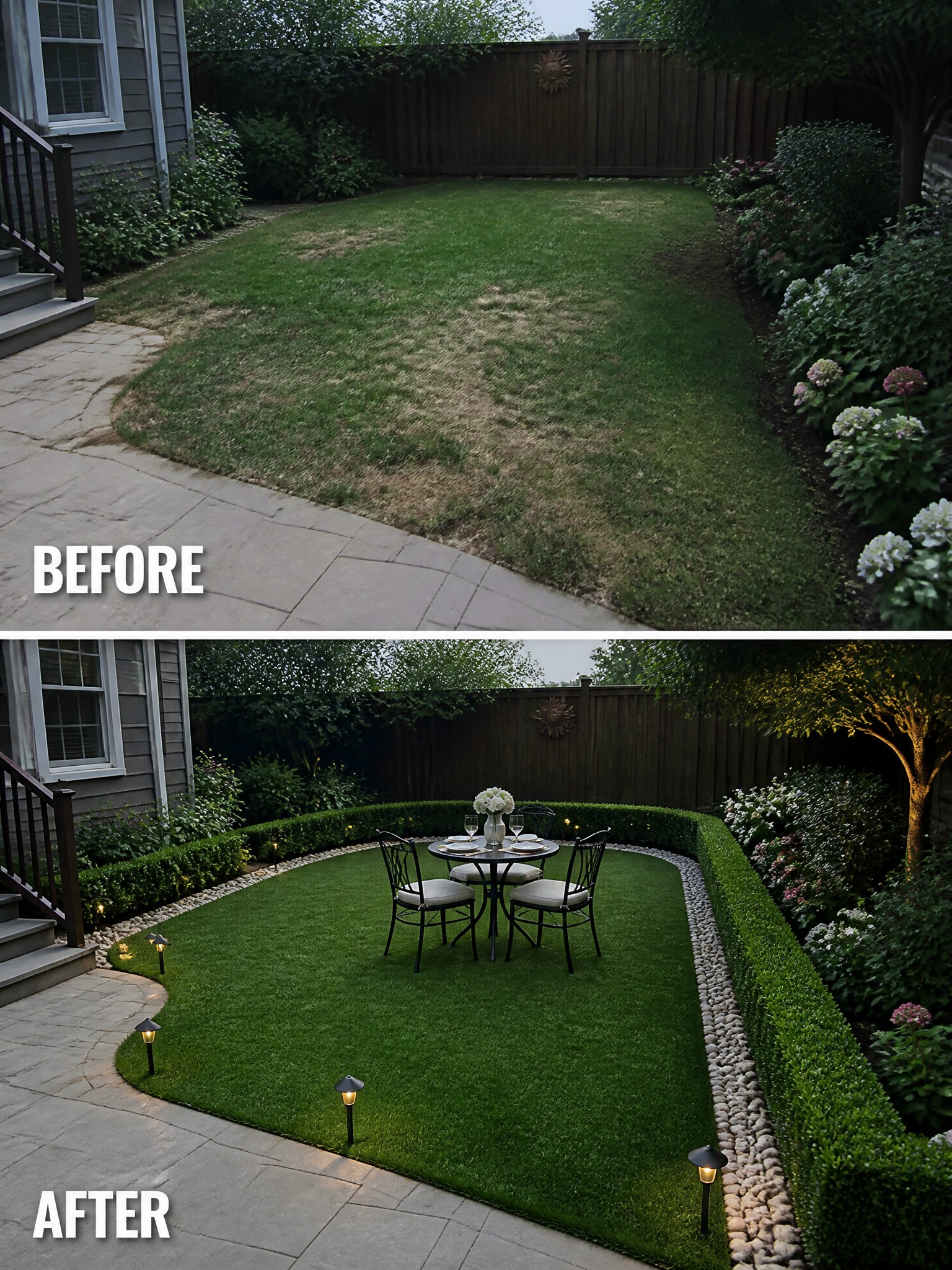 Before-and-after image of an open backyard lawn changed into a defined outdoor dining area with hedge and stone borders, a table and chairs, and path lighting.