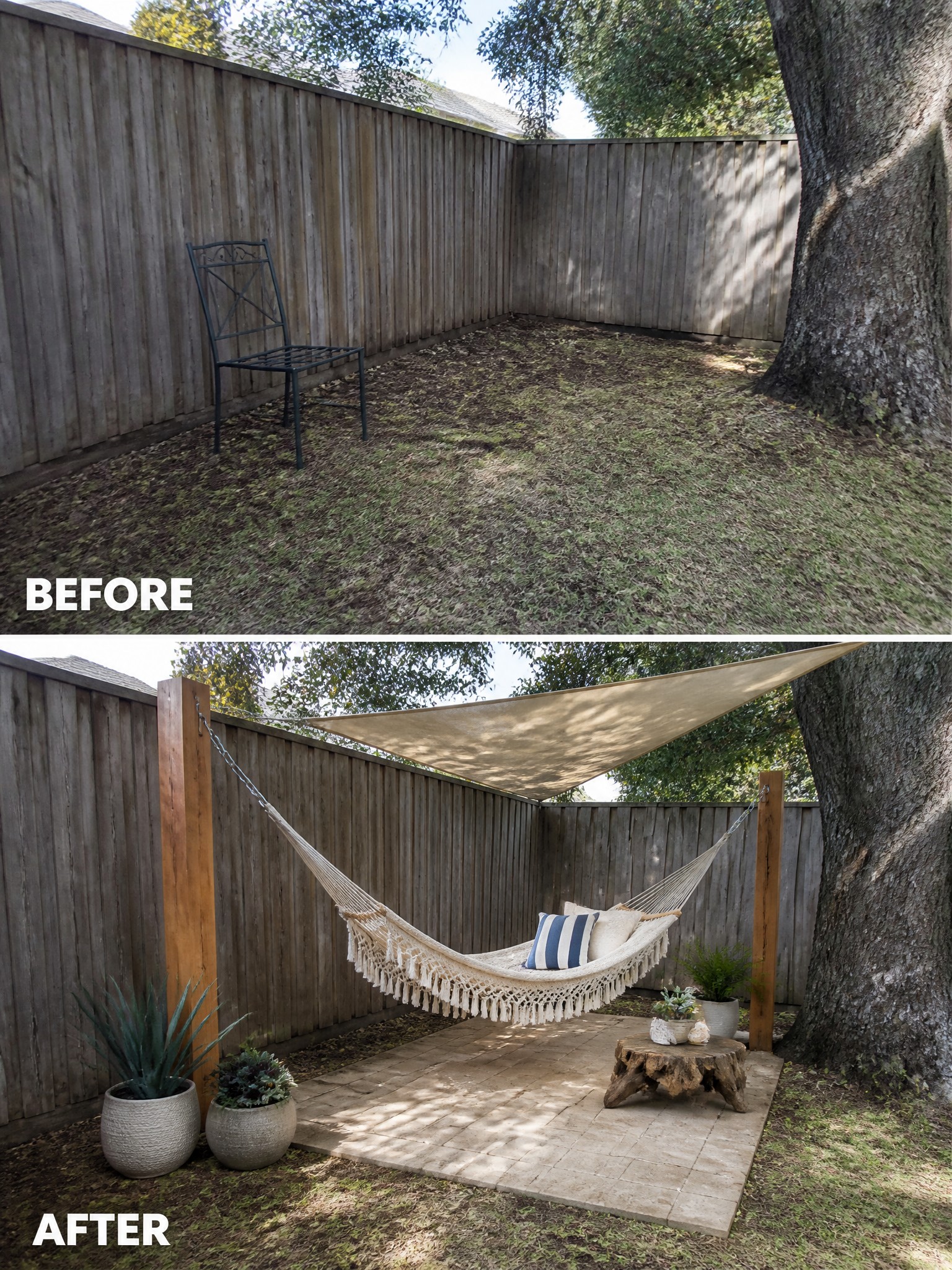 Before-and-after transformation of a yard corner with a hammock, plants, and stone pavers.