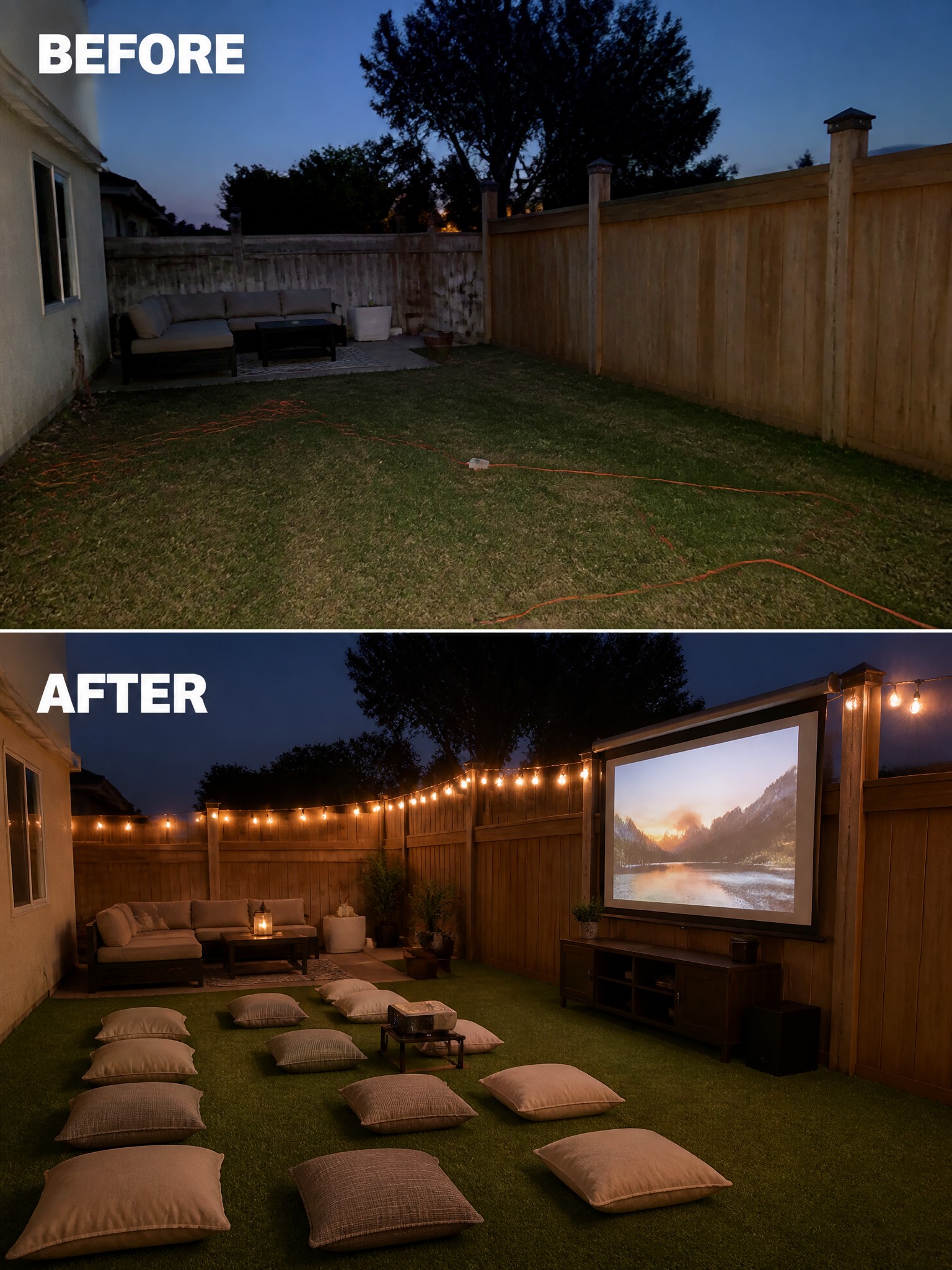 Before-and-after image of a plain backyard transformed into an outdoor movie area with a projector screen, seating pillows, and string lights.