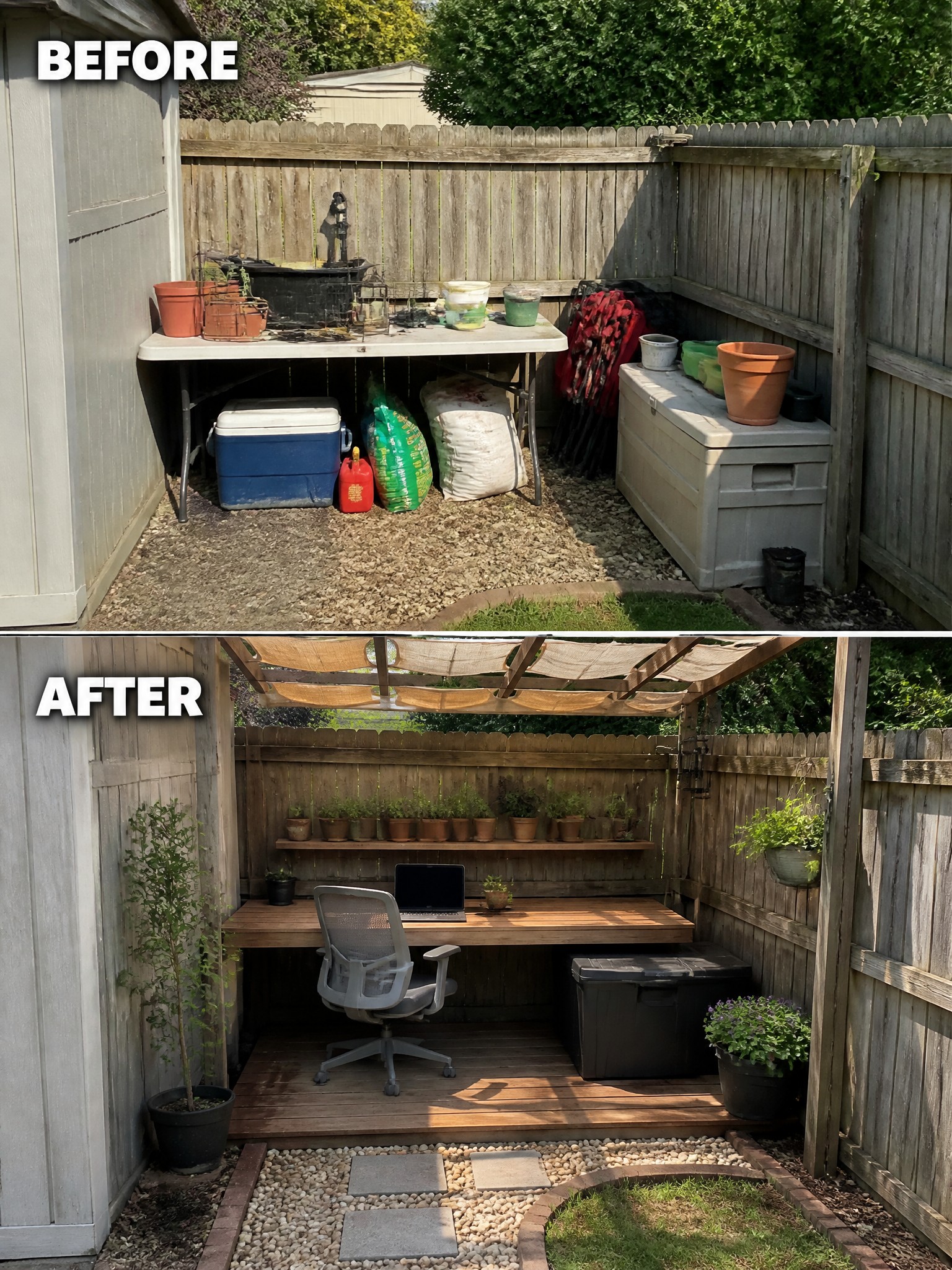 Side-by-side before-and-after garden workspace transformation with a desk, chair, and plants.