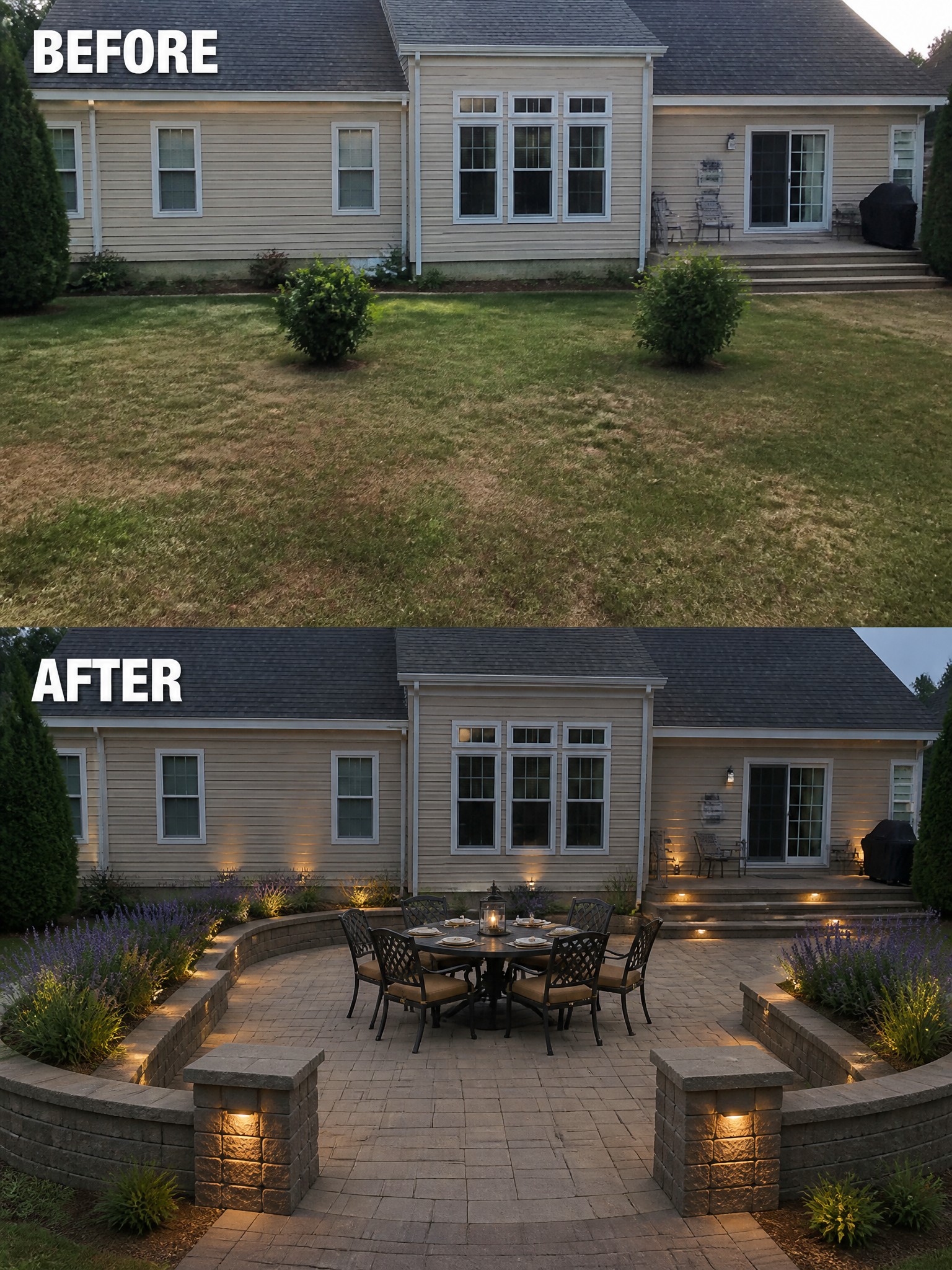 Transformation of a backyard: before with grass, after featuring a stone patio and dining area.