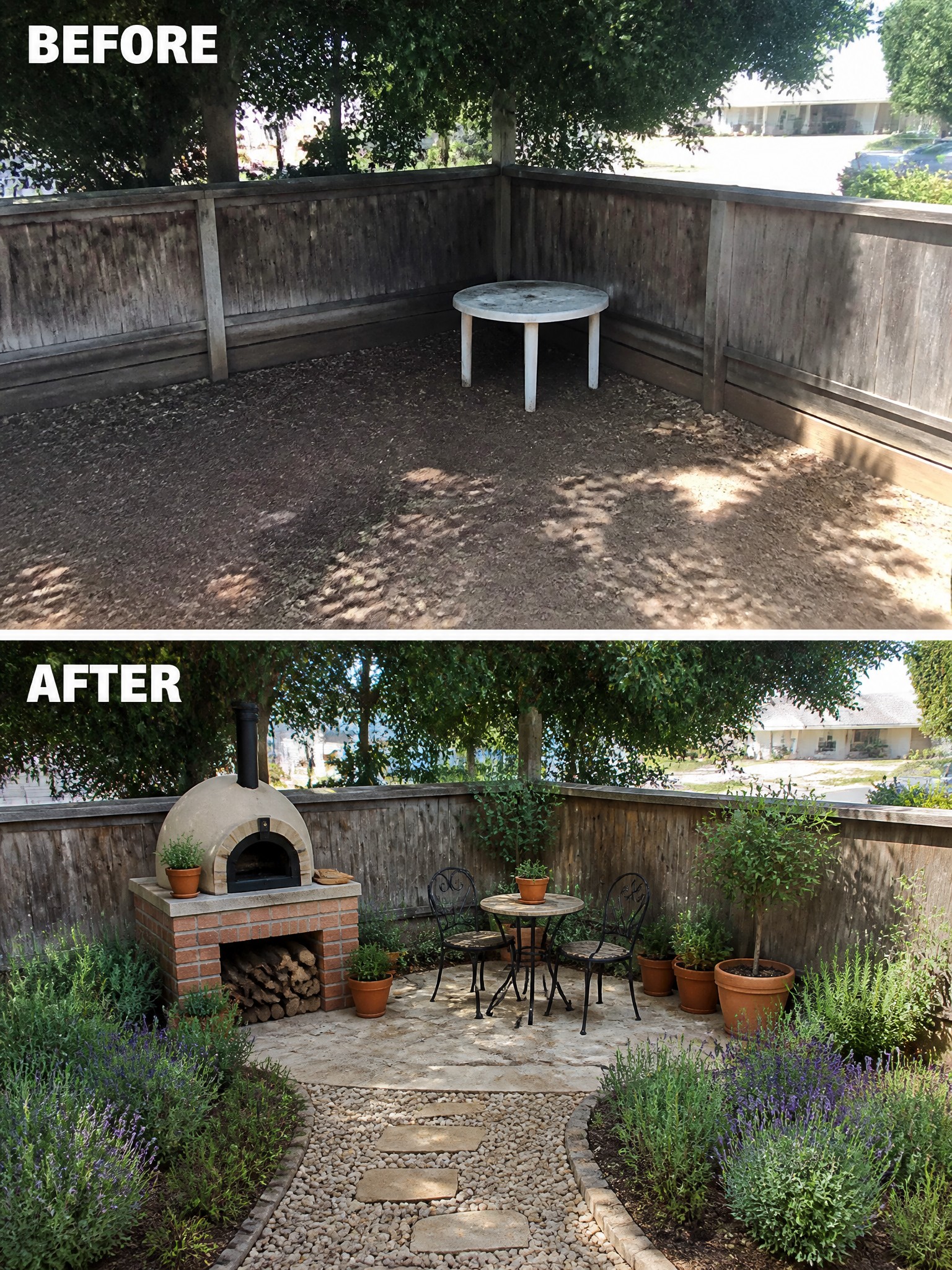 Transformed garden area with a stone path, seating, and a pizza oven.