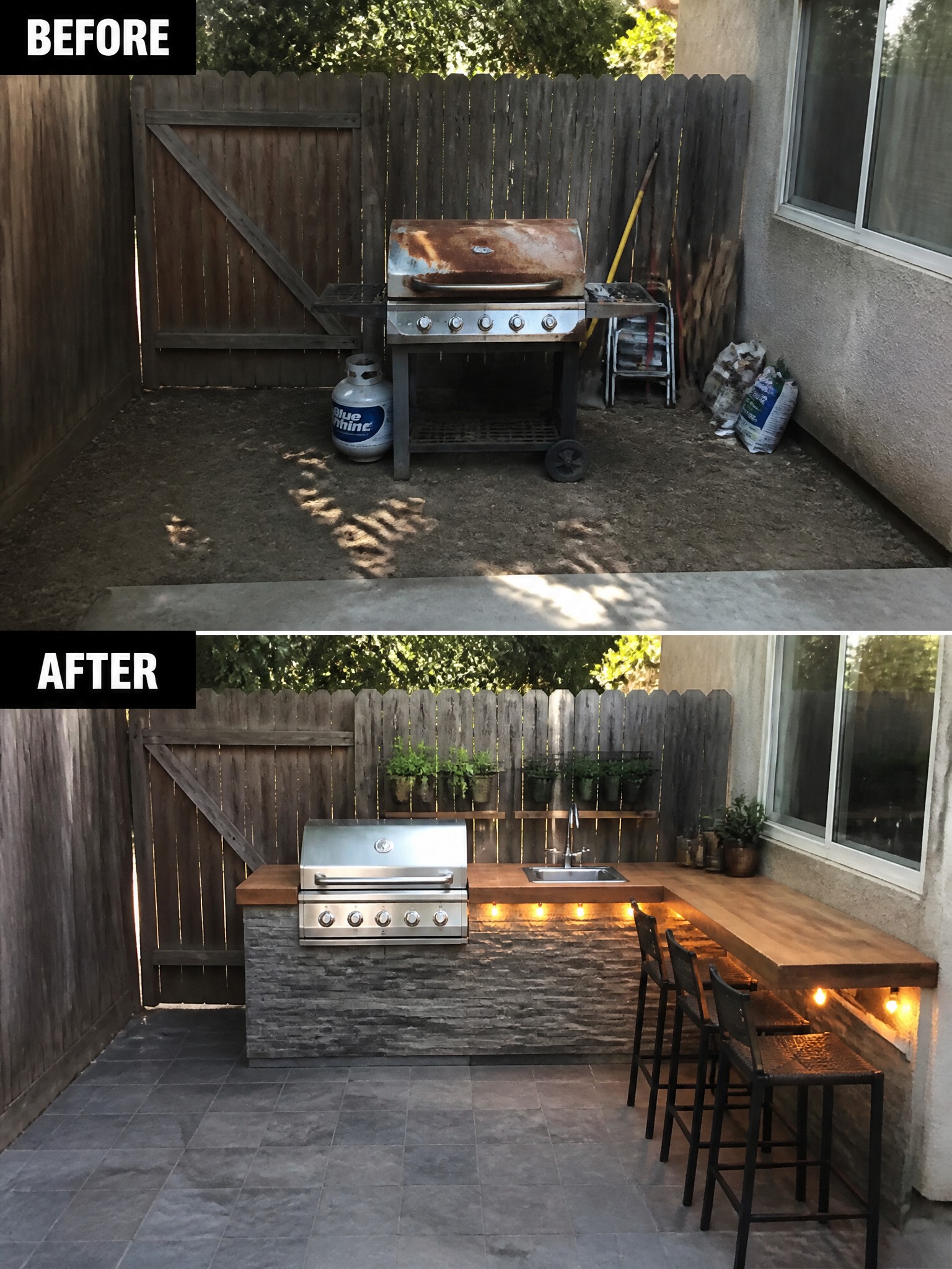 Before-and-after image of a dirt backyard with a rusty grill changed into a paved outdoor kitchen with stone base, wooden counters, sink, and bar seating.