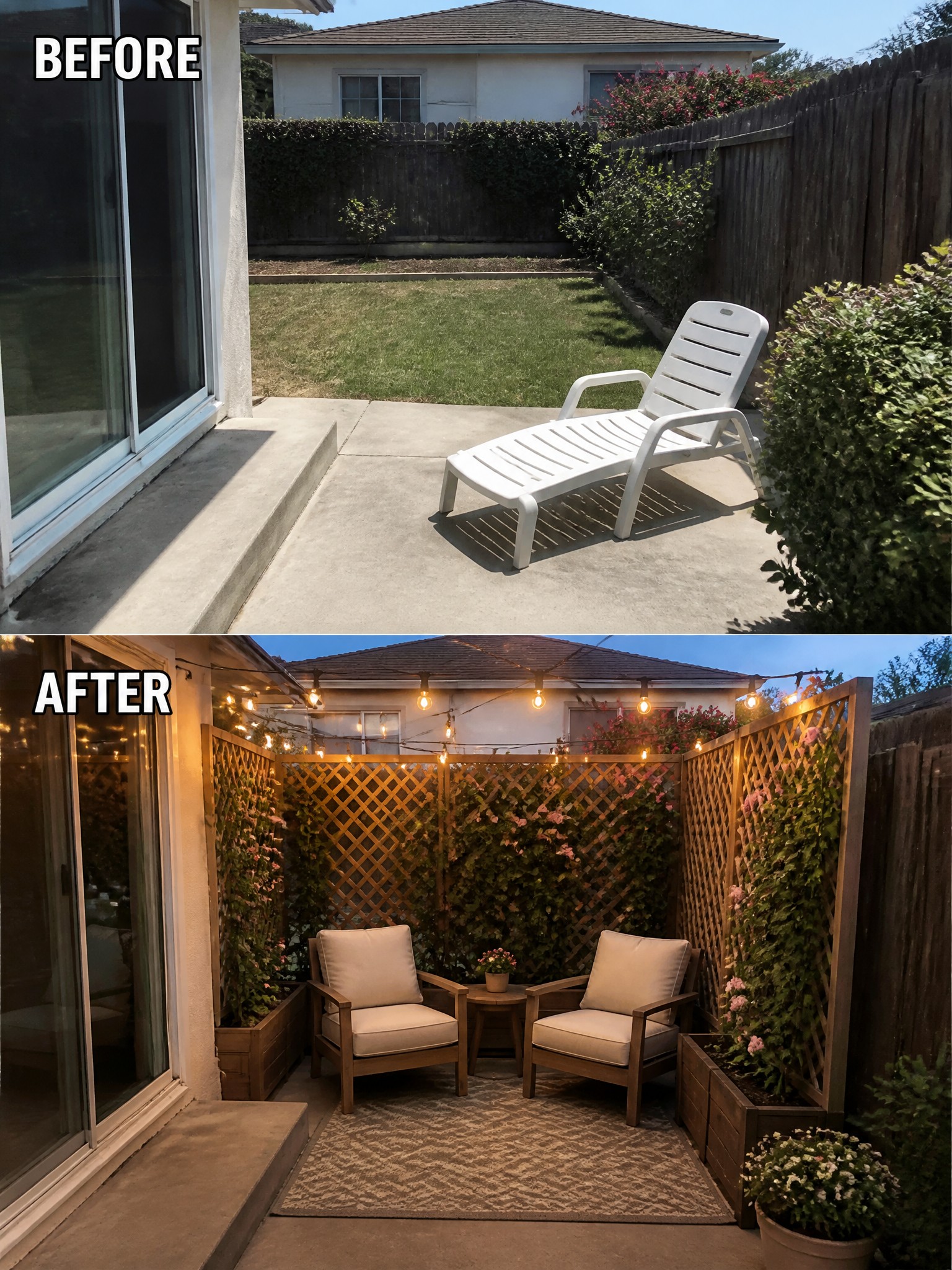 Before-and-after image of a bare concrete patio changed into a defined outdoor seating area with two armchairs, a rug, string lights, and lattice screens.
