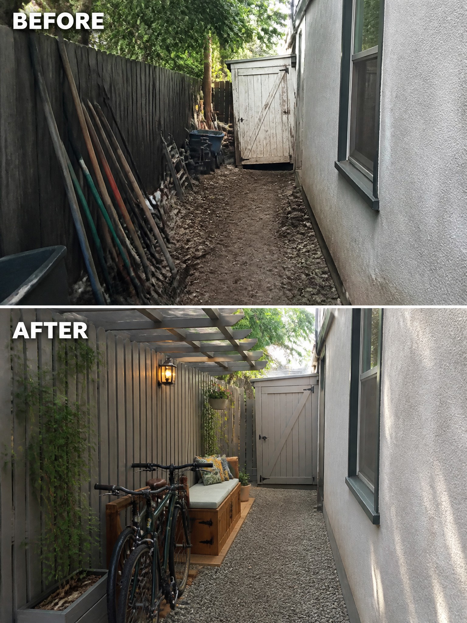 Before-and-after transformation of a narrow alley, featuring gravel, seating, and bicycles.