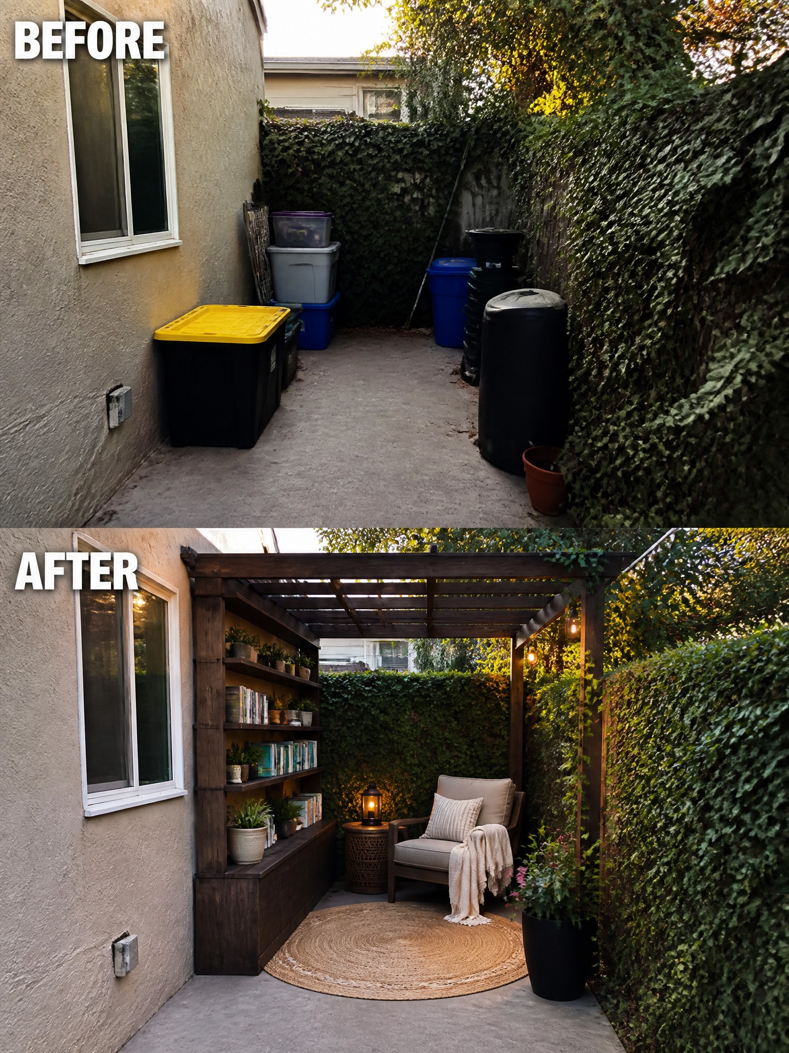 Before and after renovation of a small outdoor space, now cozy with seating and plants.