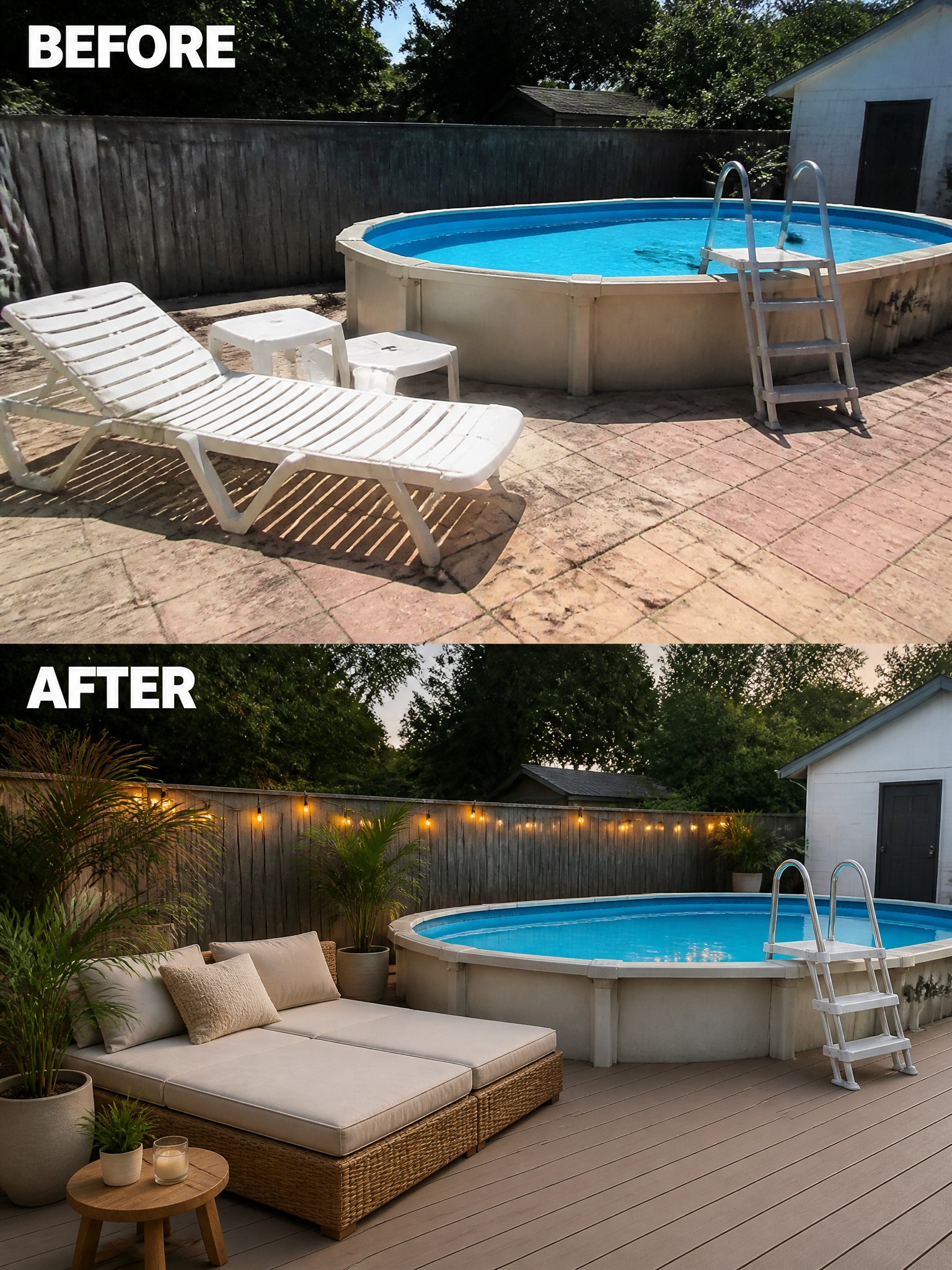 Before and after comparison of a pool area, showing updated decor and lighting.