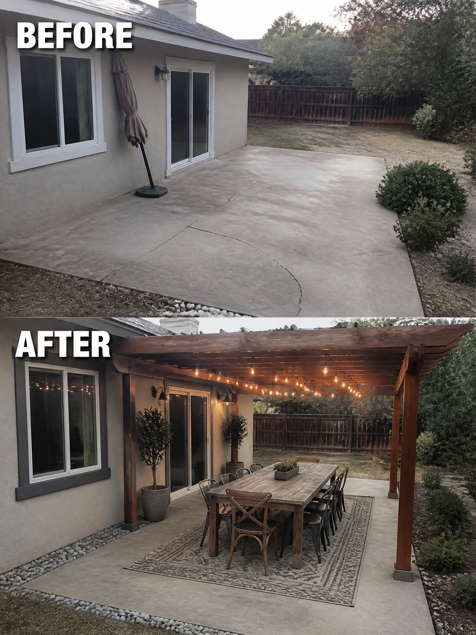Before-and-after image of a bare concrete patio transformed into a covered outdoor dining area with a wooden pergola, string lights, table, chairs, and rug.