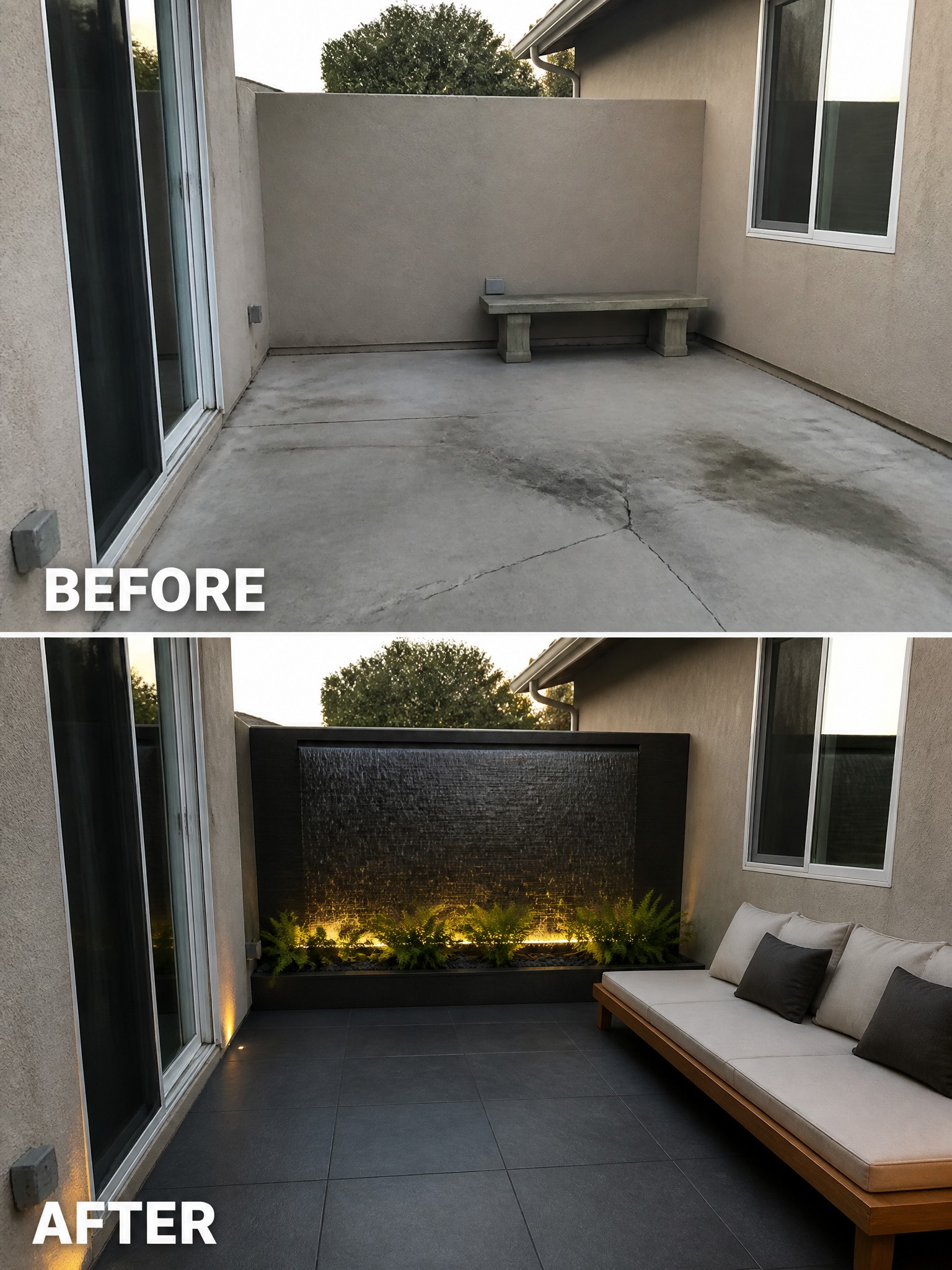 Before-and-after patio transformation featuring a seating area and a decoratively lit water feature.