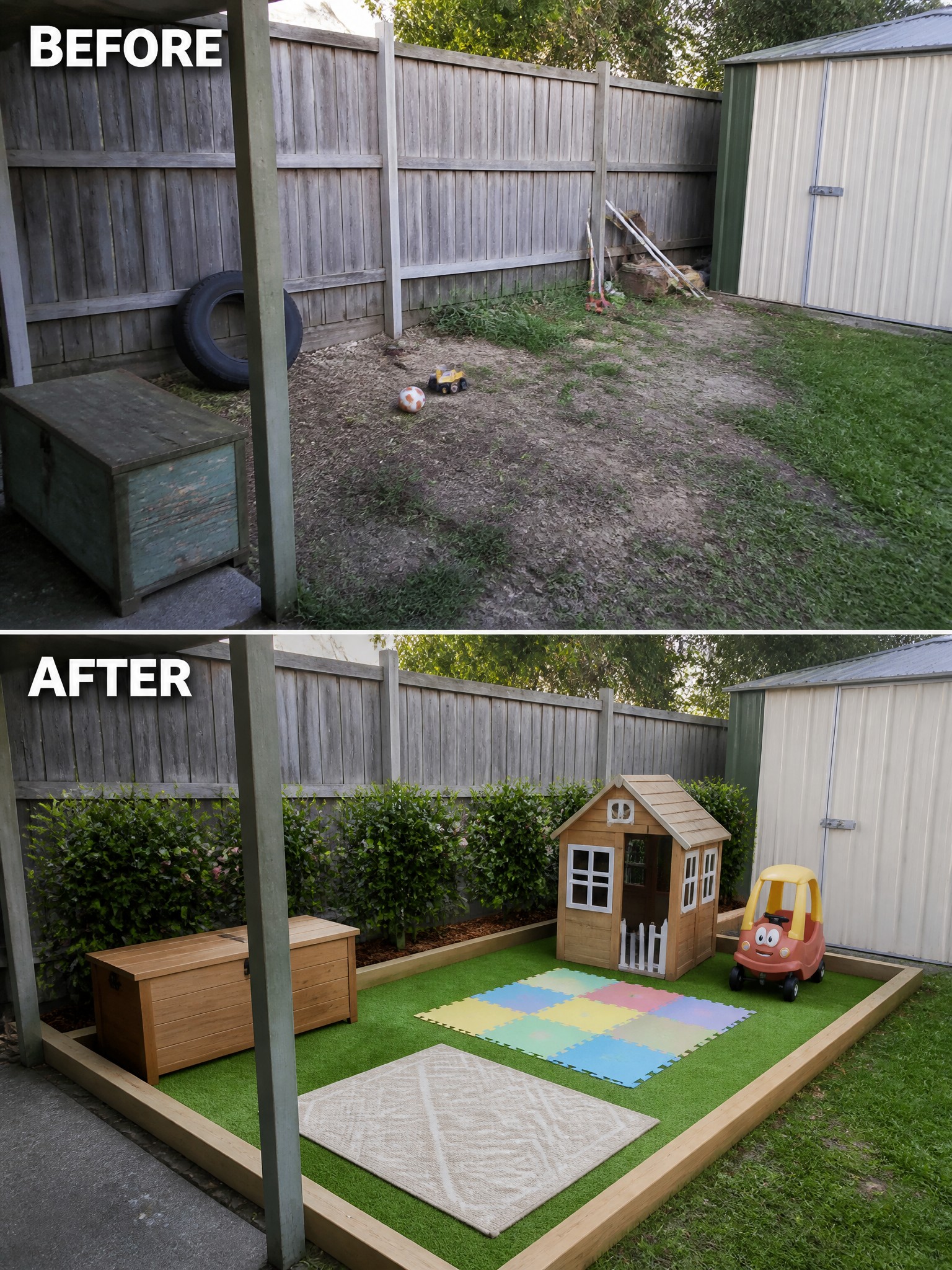 A transformed outdoor space with turf, a playhouse, toy car, and colorful mats.