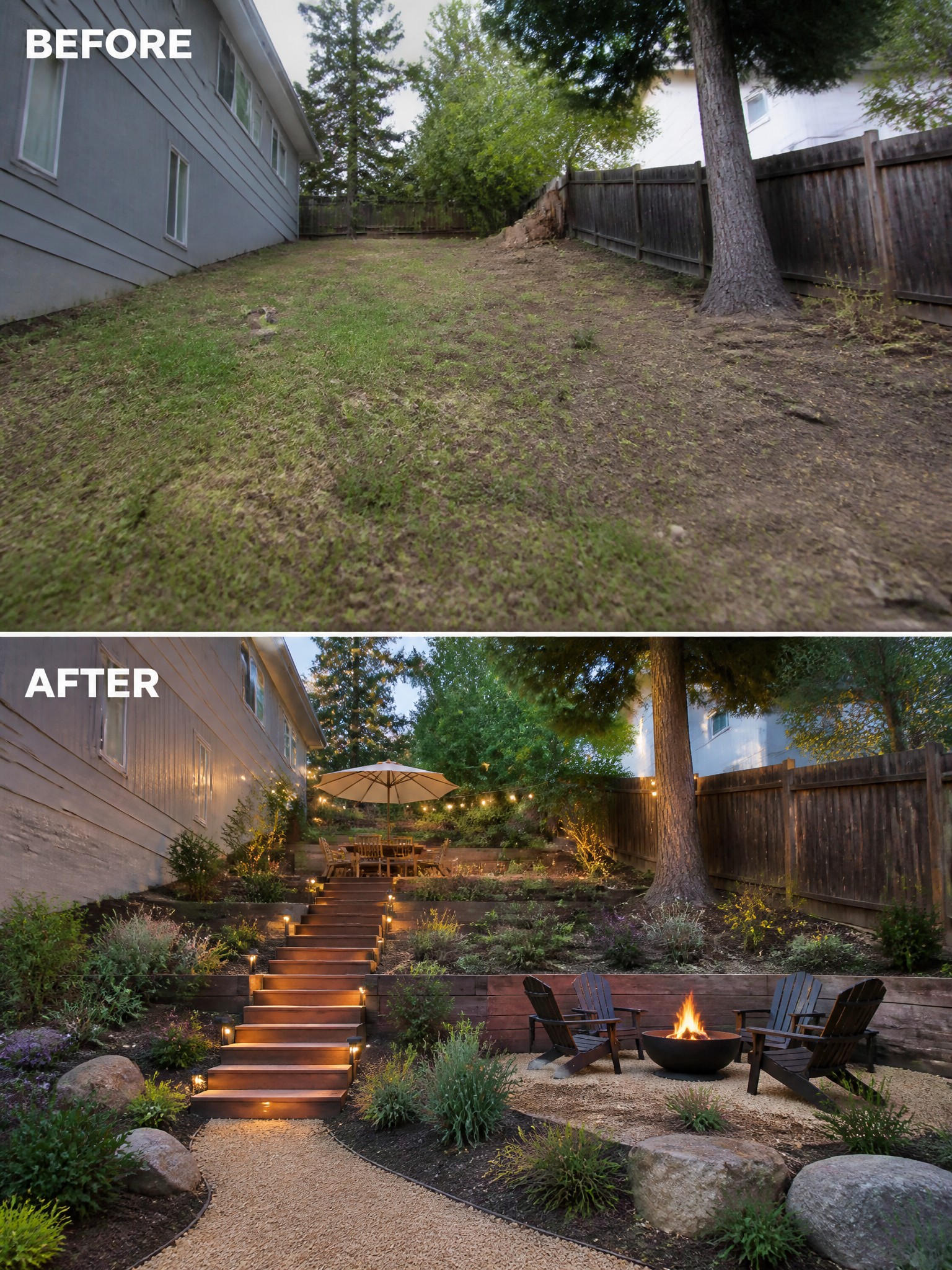 Before-and-after image of an overgrown sloped backyard changed into terraced levels with wooden stairs, a gravel fire pit seating area, and planted garden beds.