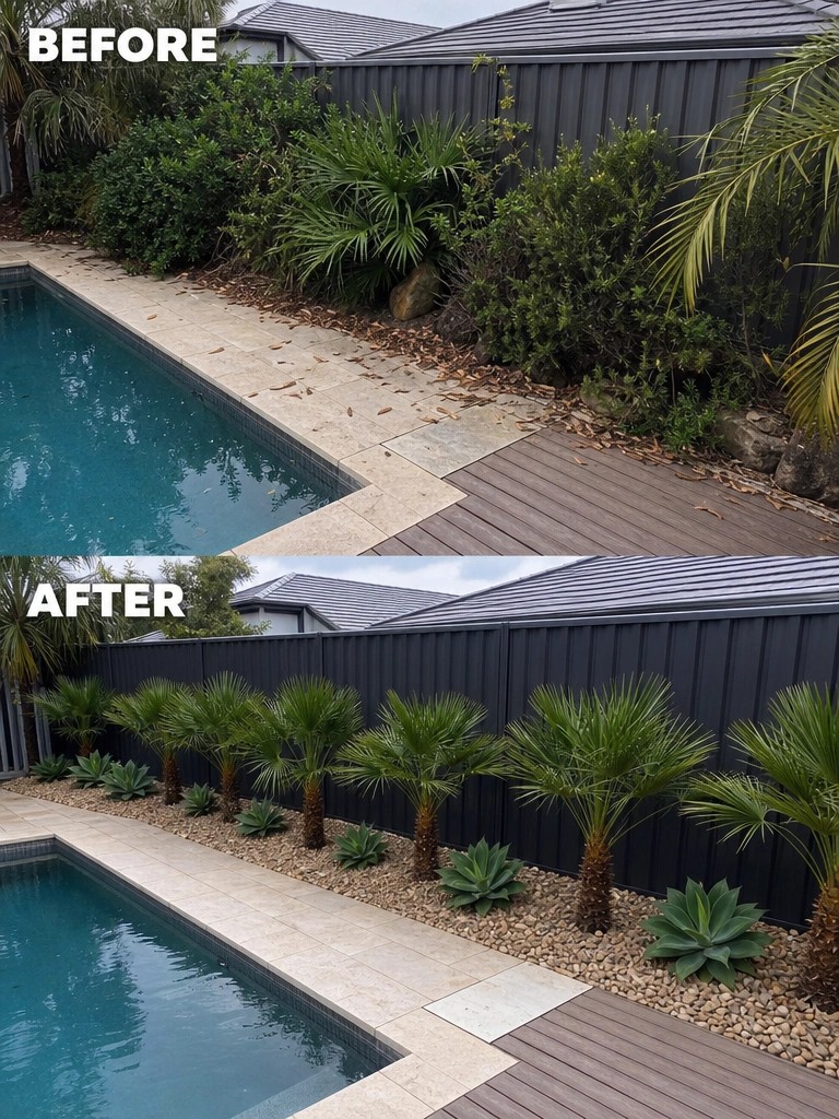Before-and-after image of an overgrown poolside garden border changed into a neat row of palms and succulents planted in gravel.