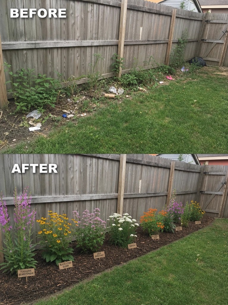 Before-and-after image of an overgrown area along a wooden fence changed into neat mulched garden beds with flowering plants.