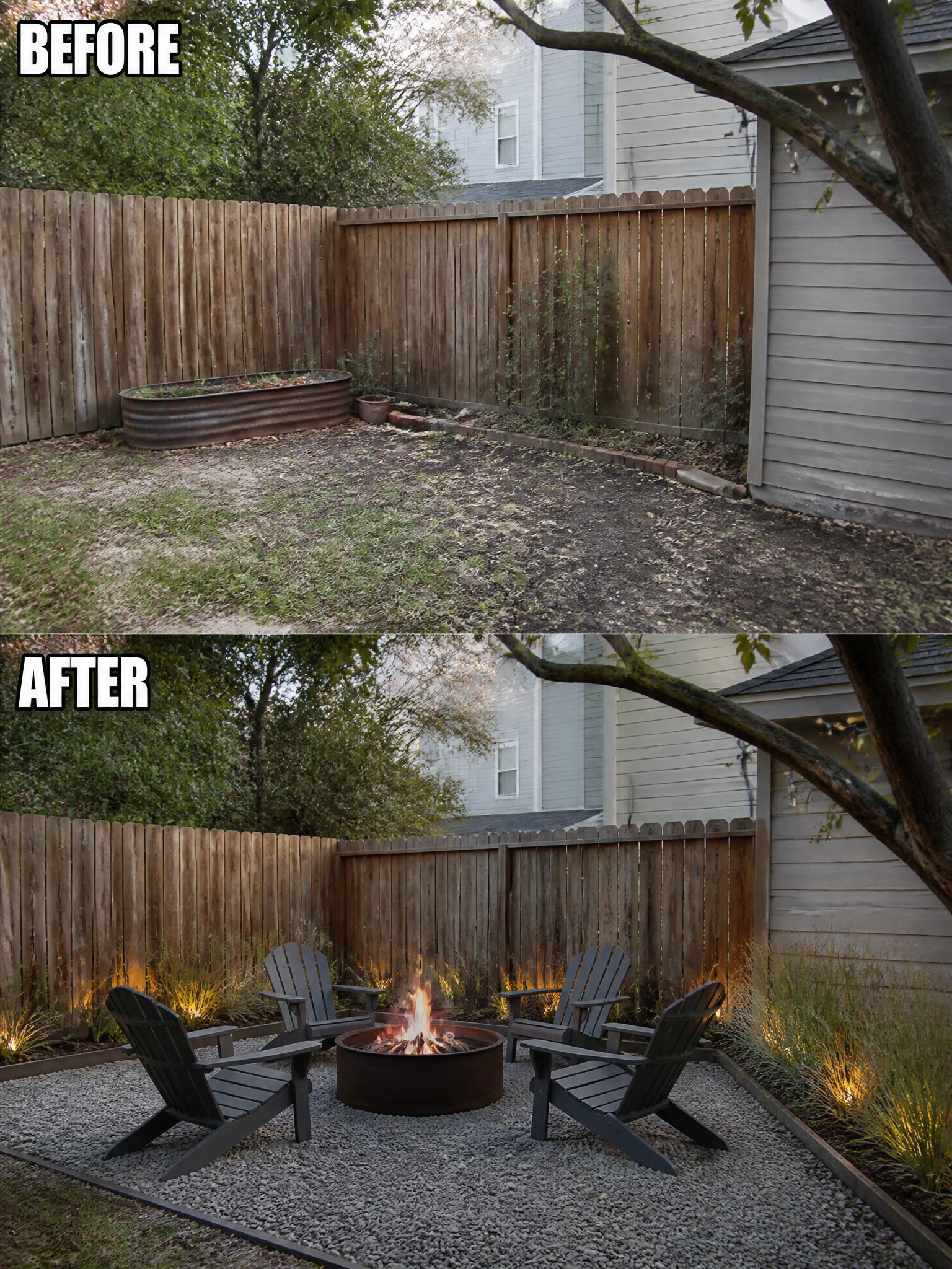 Before and after backyard with fire pit, chairs, and lighting added