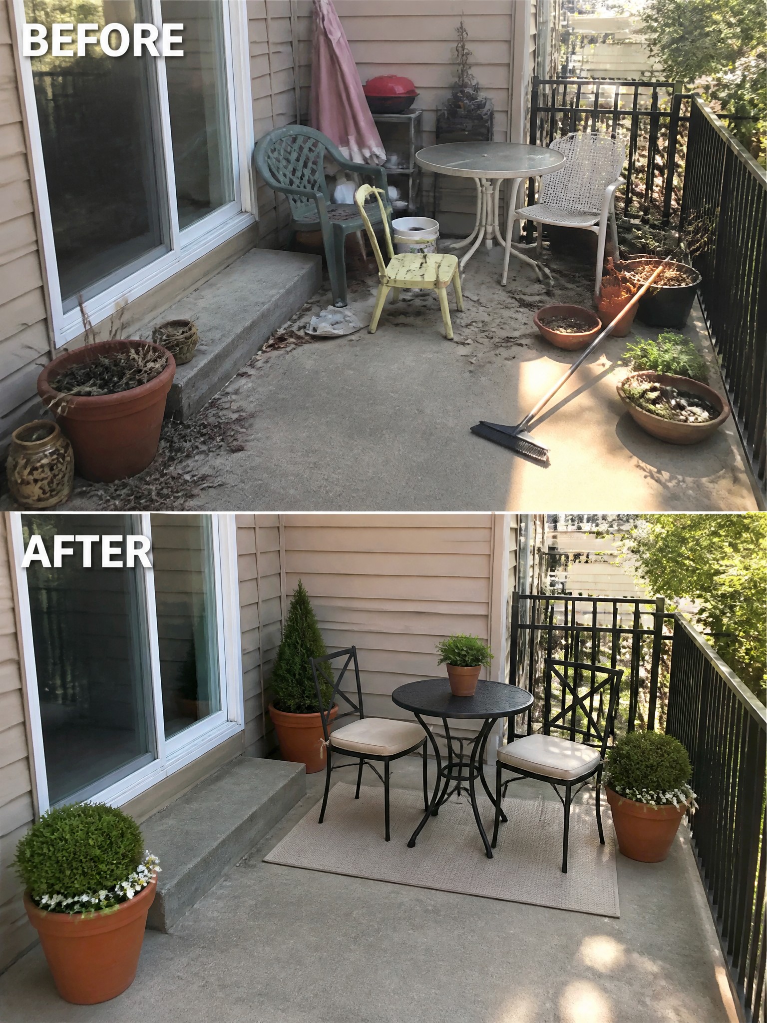 Before and after of cluttered patio cleaned into neat seating area with table and plants.