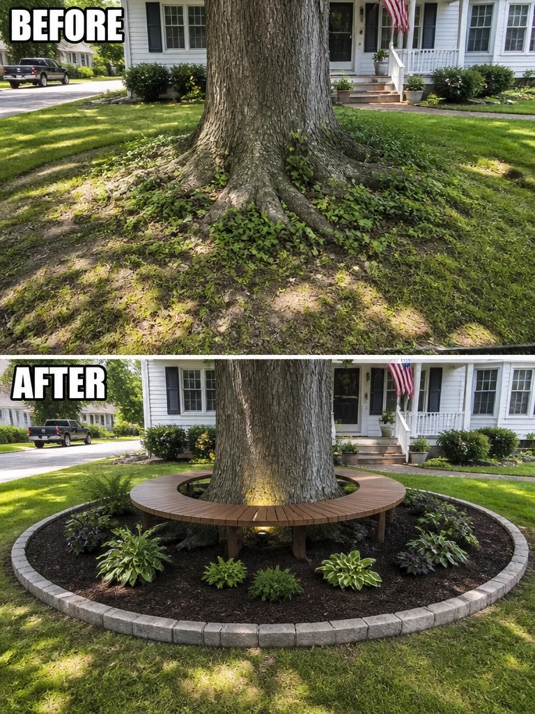 Before and after of tree with circular bench, mulch, and stone border landscaping.