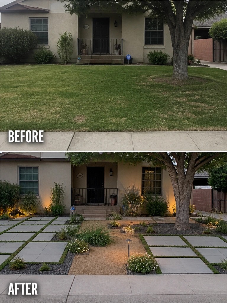 Before-and-after image of a front yard changed from a plain lawn to one with paver paths, gravel areas, and planted beds.