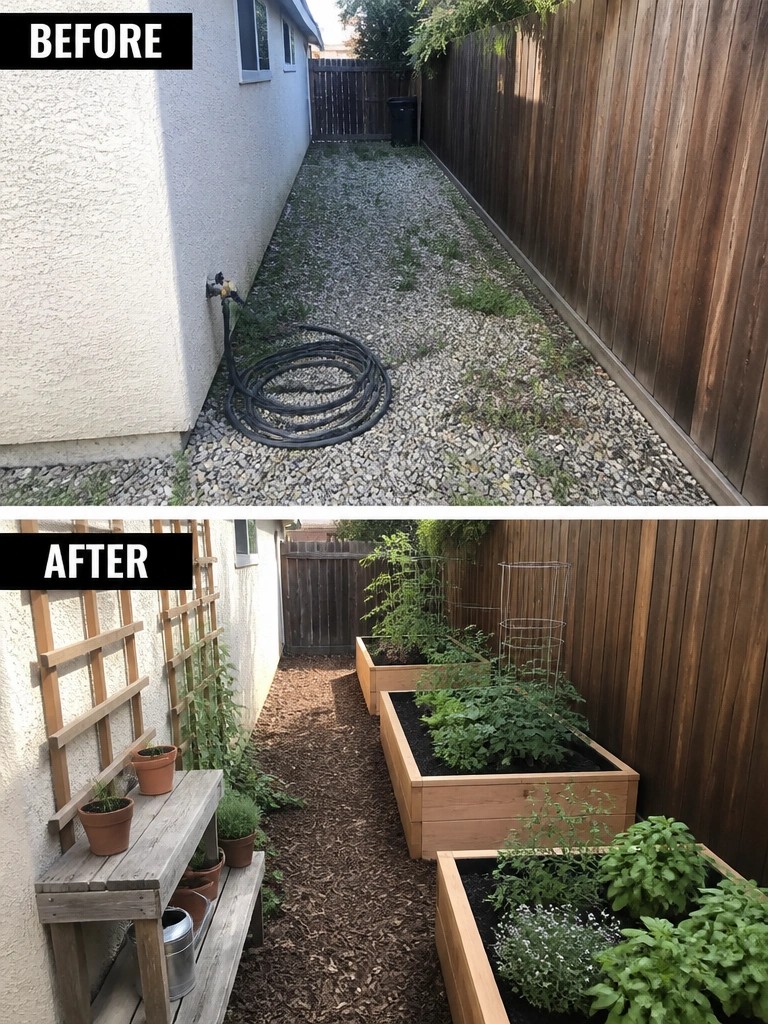 Before-and-after image of a narrow gravel side yard changed into a garden with wooden raised beds, climbing supports, and a potting bench.