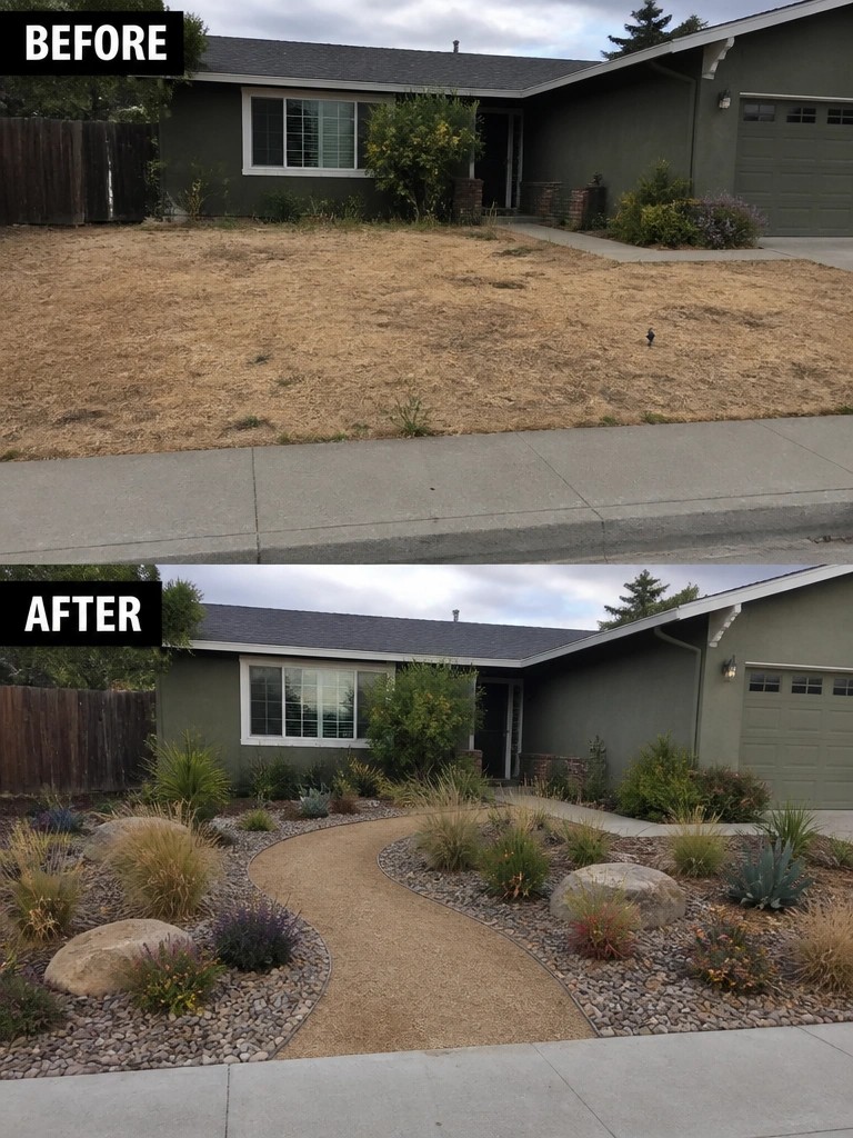 Before-and-after image of a dry front yard changed into a landscaped space with a curving gravel path, rock-lined beds, and new planting.
