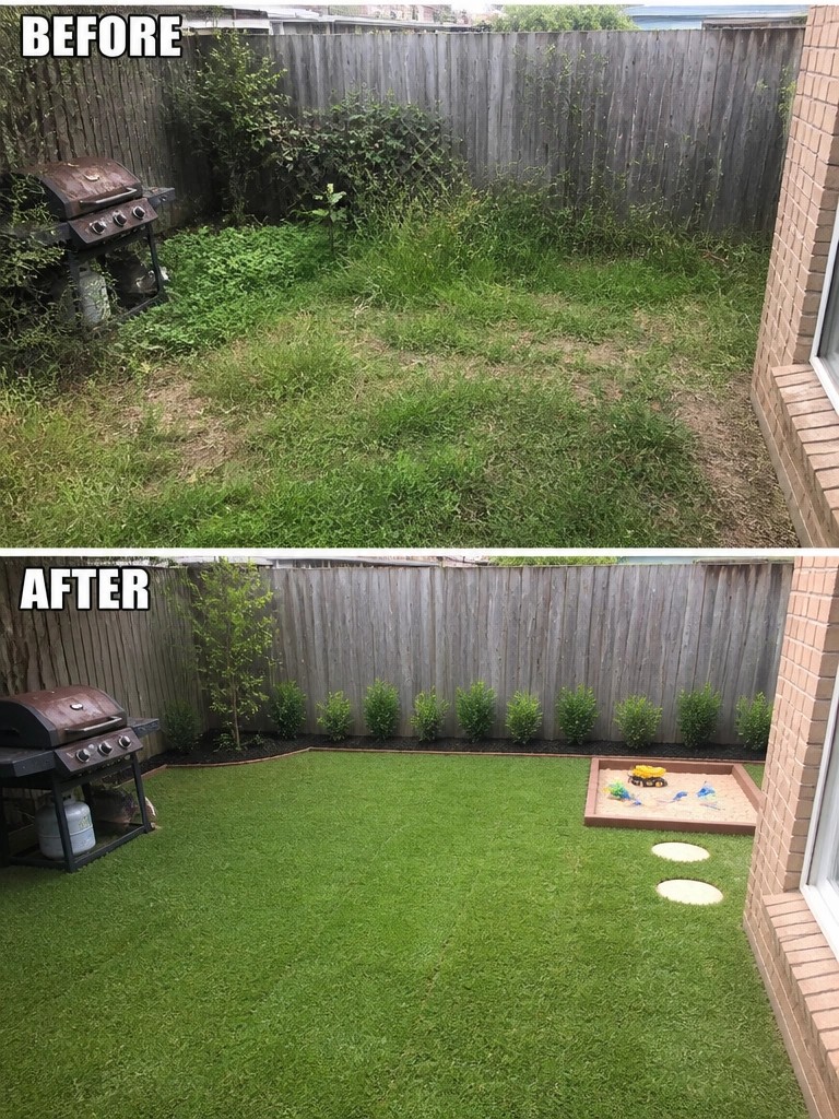 Before-and-after backyard: overgrown weeds above, tidy turf with shrubs and sandbox below