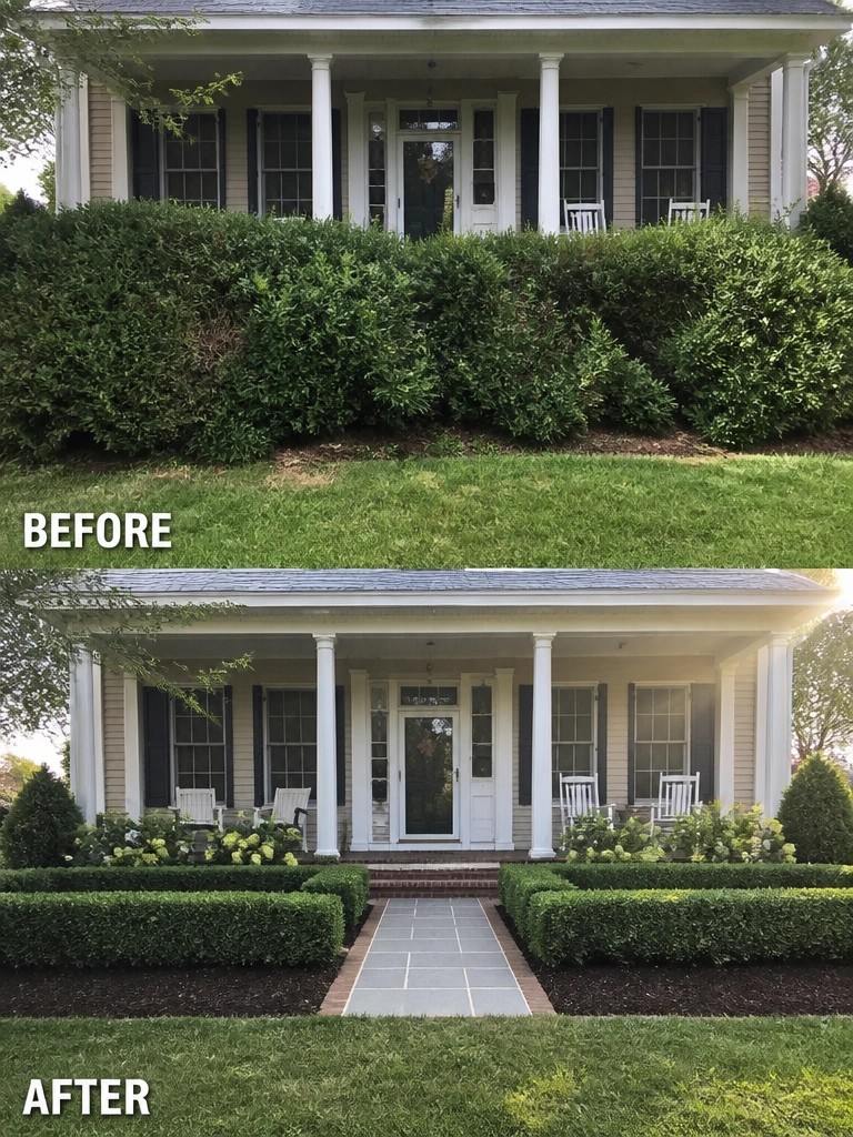 Before and after of house with overgrown hedge replaced by trimmed boxwoods and stone path
