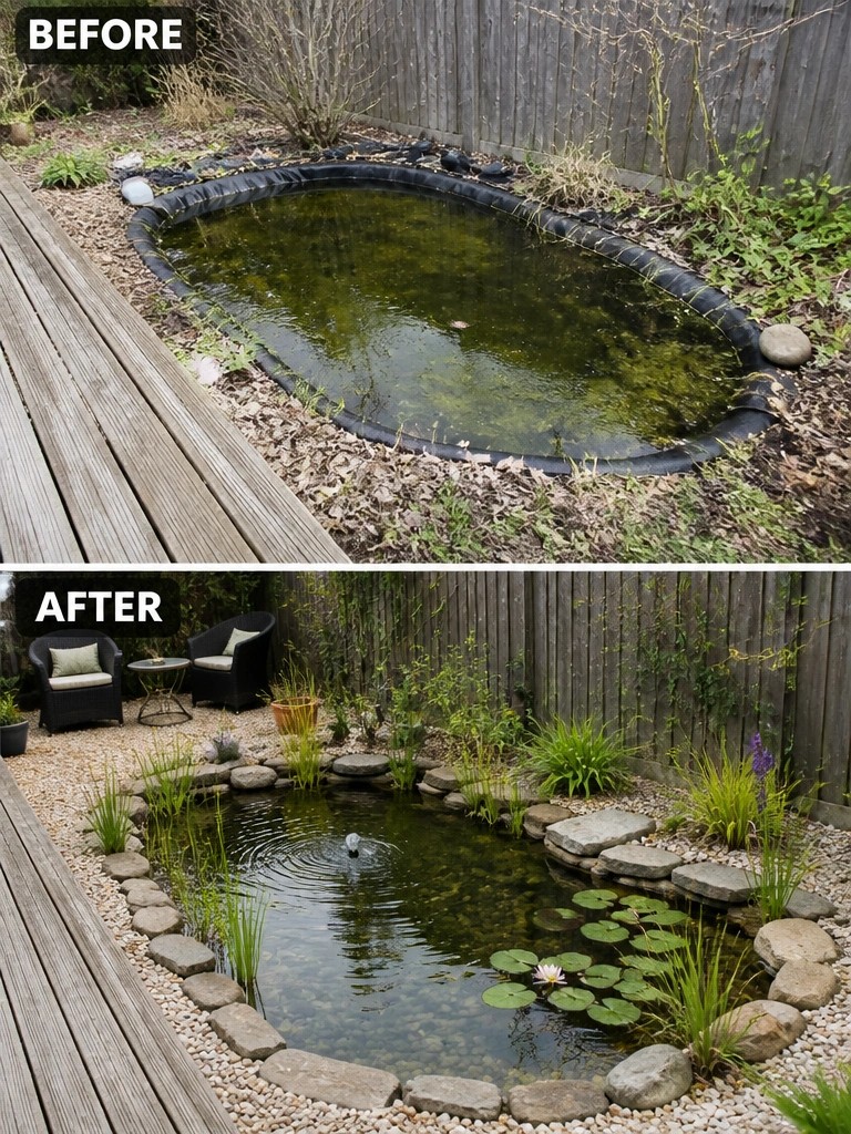 Before-and-after image of an algae-filled garden pond transformed with stone edging, gravel, aquatic plants, and a small fountain.