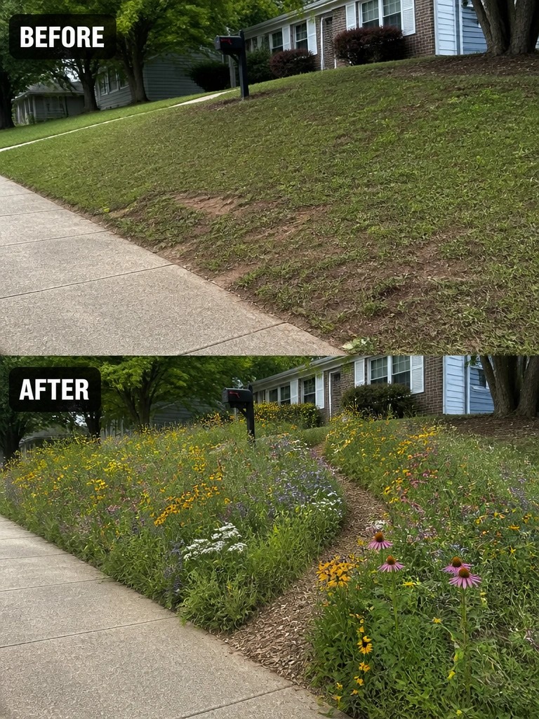 Before and after of lawn transformed into colorful wildflower meadow along sidewalk