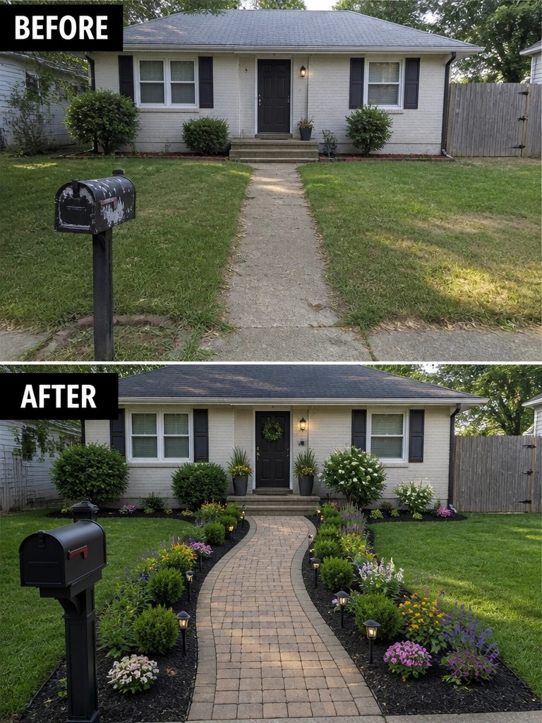 Before and after house exterior with curved brick path and colorful garden beds