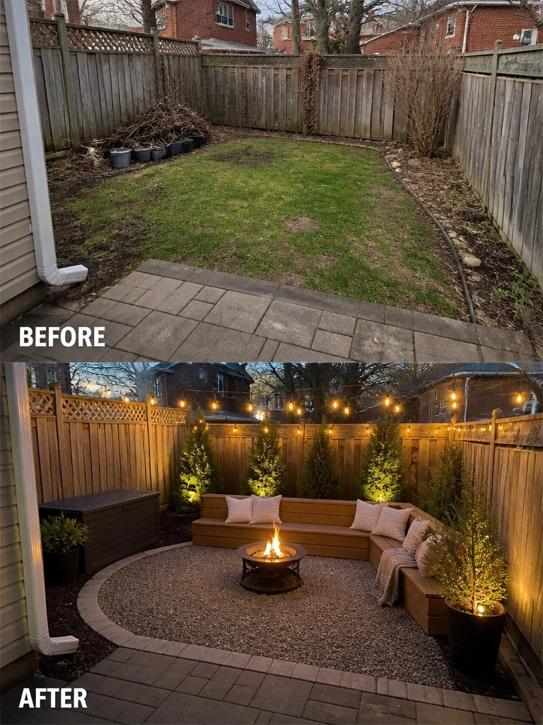 Before and after backyard transformation with fire pit, seating, and string lights.