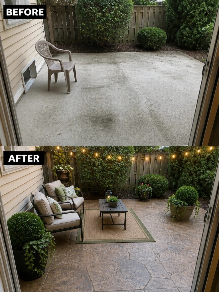 Before-and-after image of a plain concrete patio changed into a furnished outdoor seating area with a rug, chairs, table, and string lights.