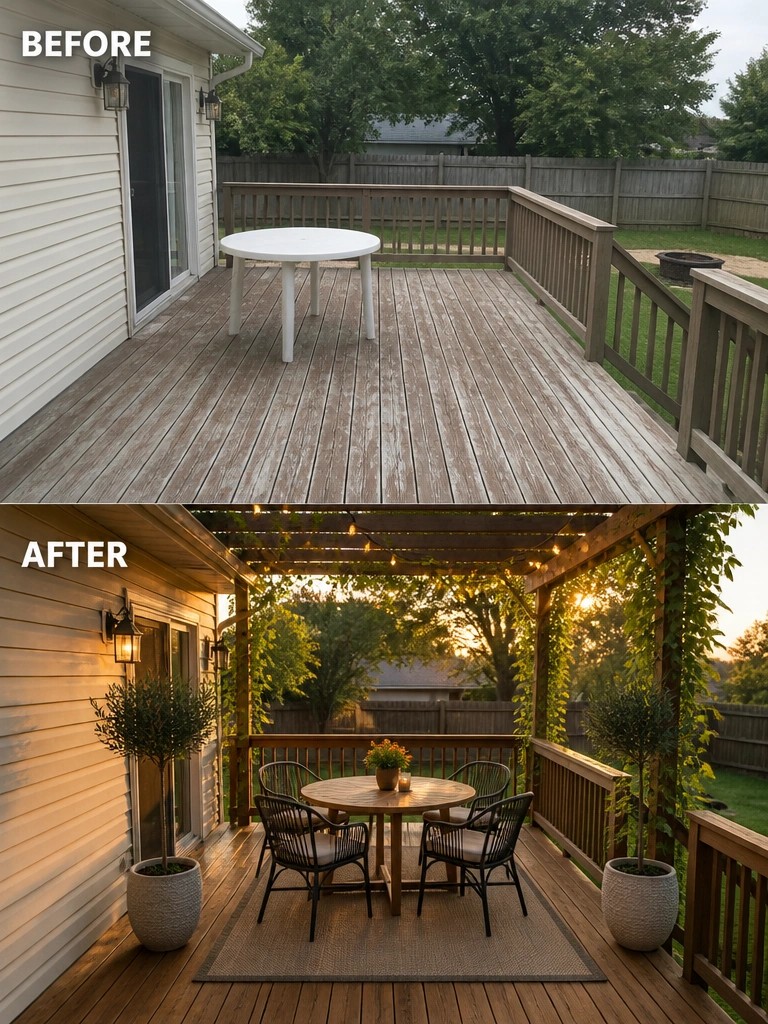 Before-and-after deck renovation from empty space to furnished pergola with lights