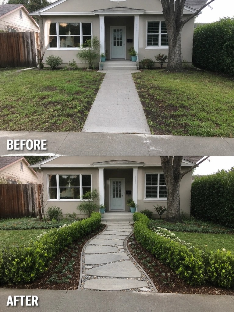 Before-and-after image of a front yard where a straight concrete walkway was replaced with a curved stone path bordered by garden beds and shrubs.